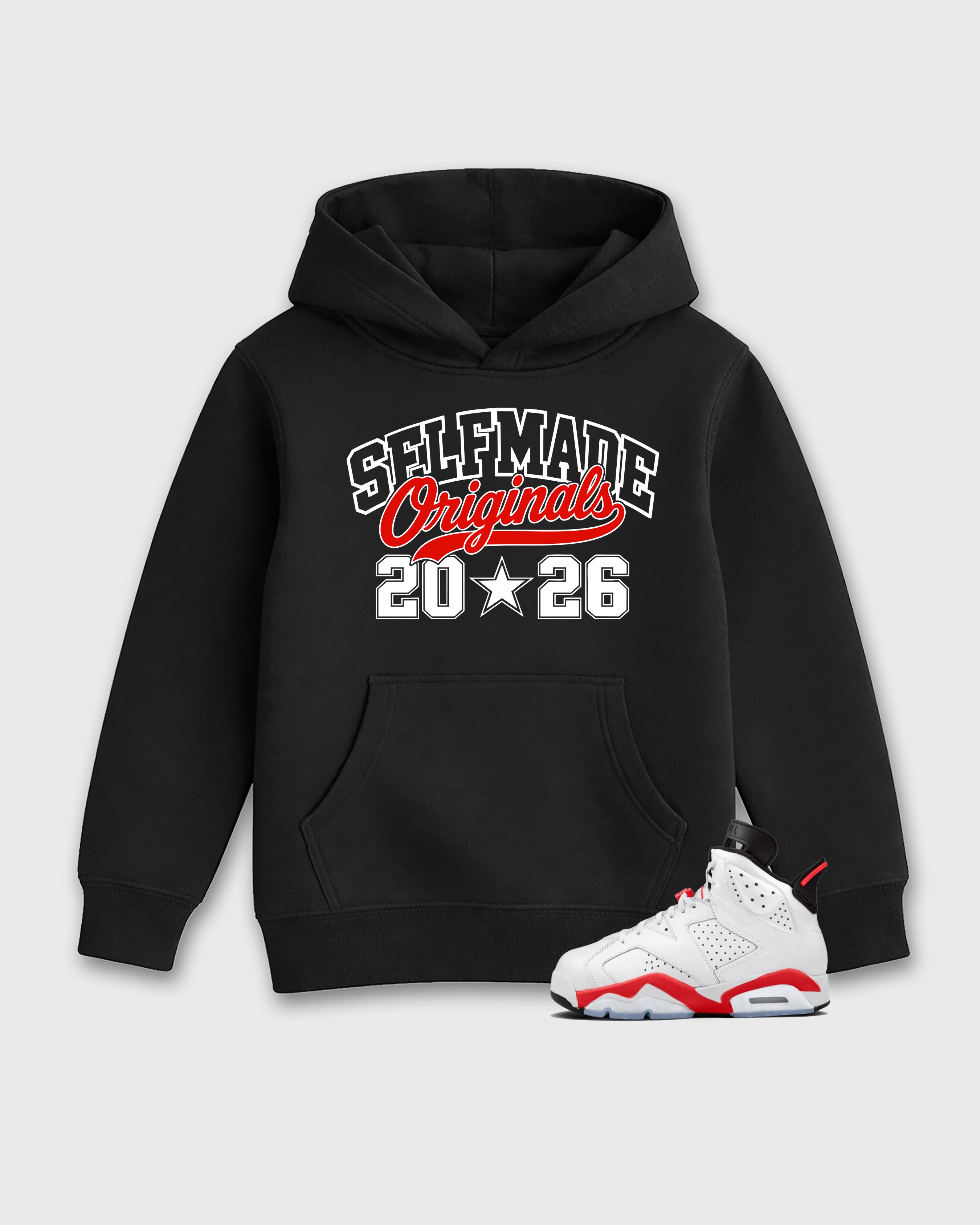 Self Made Originals Baby & Kids Graphic Hoodie featuring original artwork designed to match the Air Jordan 6 White Infrared. Black 1 Kids Graphic Sweater.