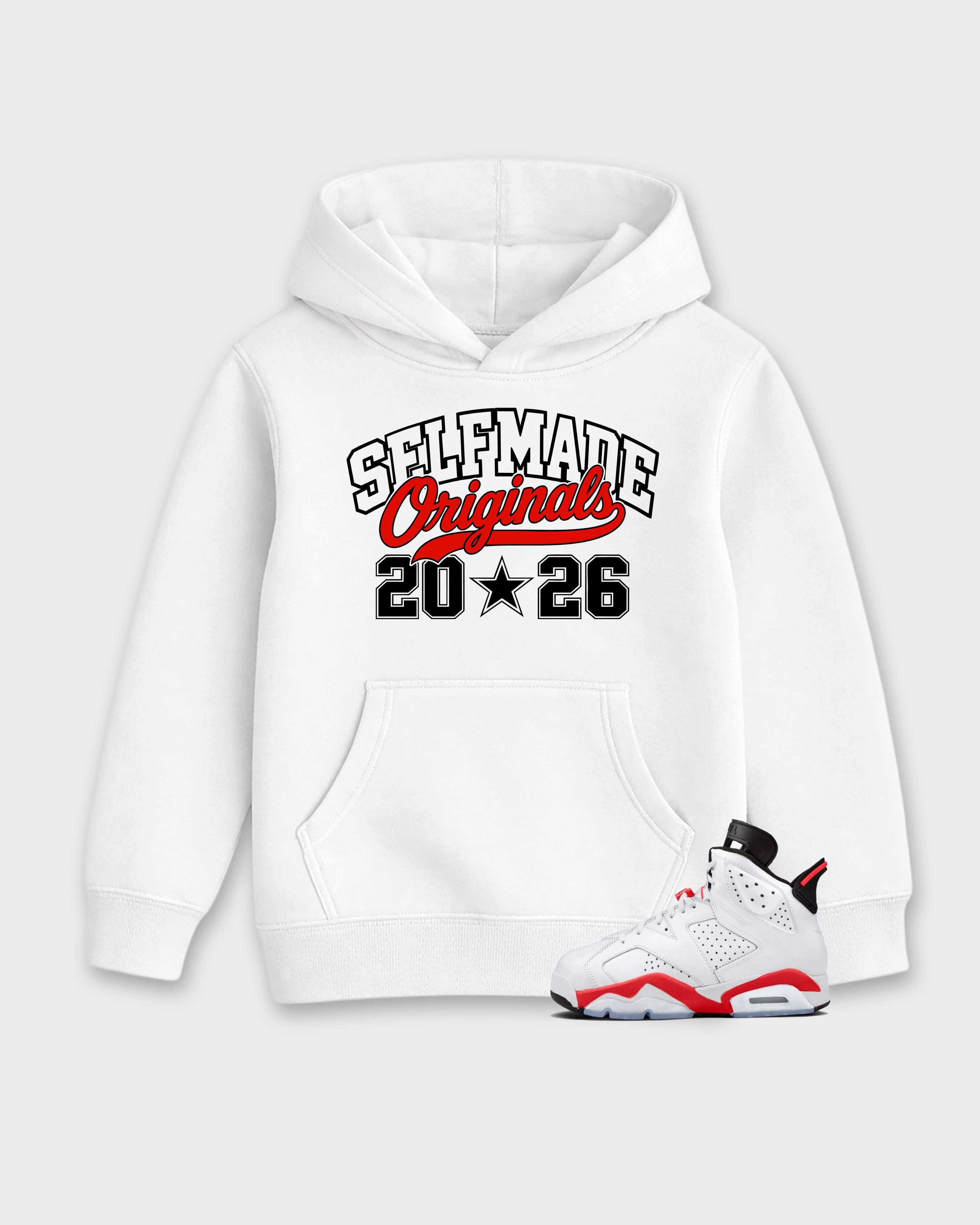 Self Made Originals Baby & Kids Graphic Hoodie featuring original artwork designed to match the Air Jordan 6 White Infrared. White 1 Kids Graphic Sweater.