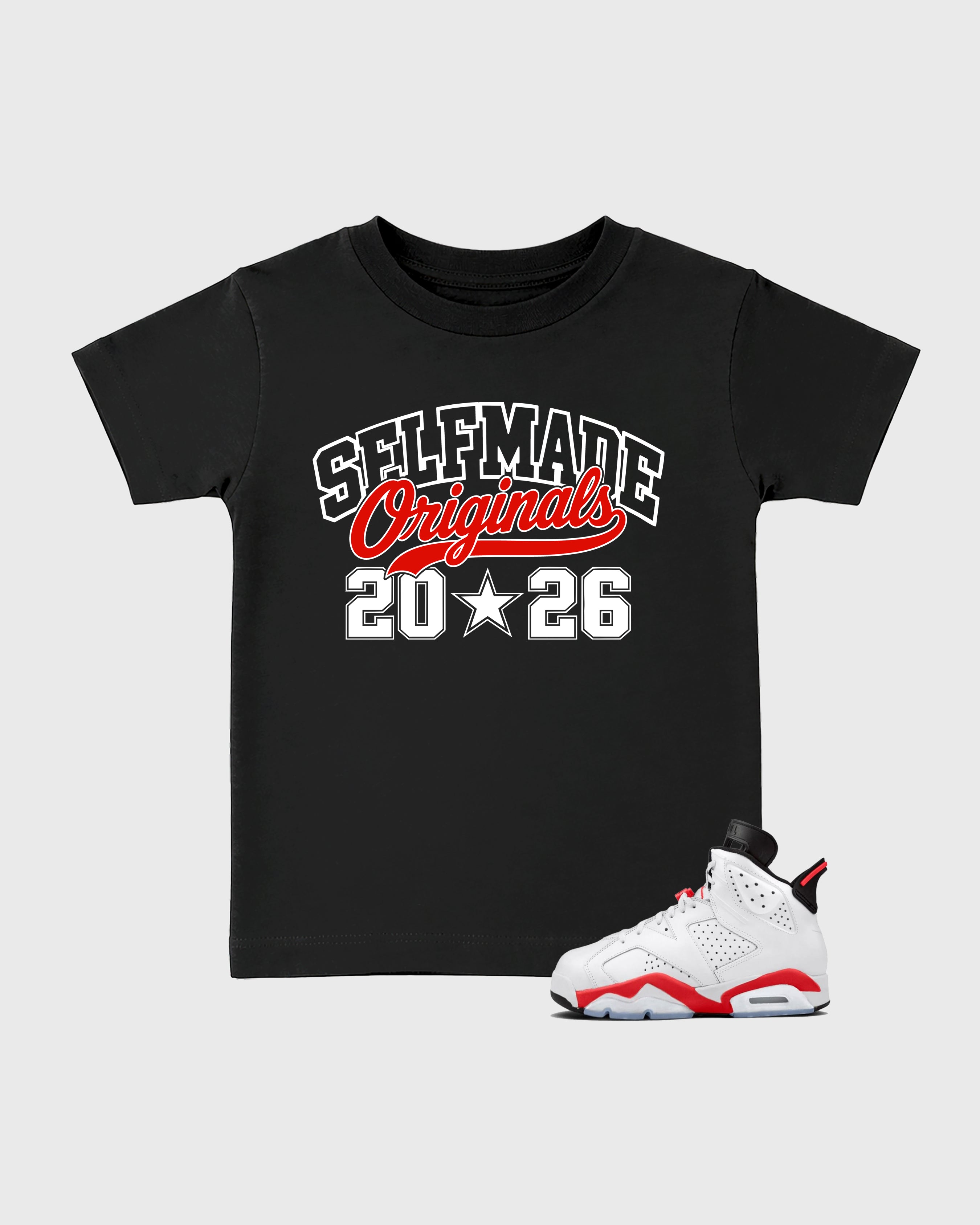 Self Made Originals Baby & Kids Graphic T-Shirt featuring original artwork designed to match the Air Jordan 6 White Infrared. Black 1 Kids Graphic Tee.