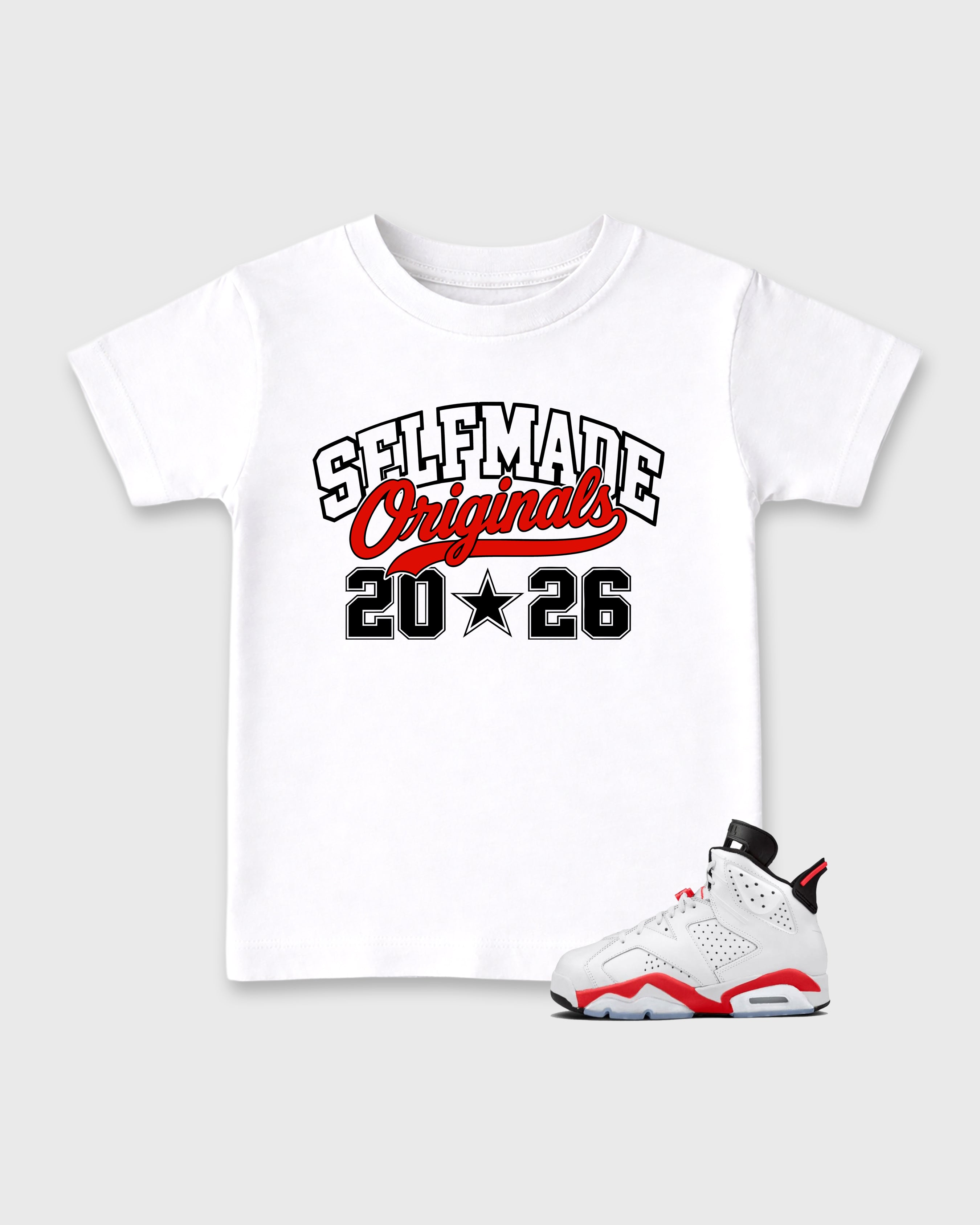 Self Made Originals Baby & Kids Graphic T-Shirt featuring original artwork designed to match the Air Jordan 6 White Infrared. White 1 Kids Graphic Tee.