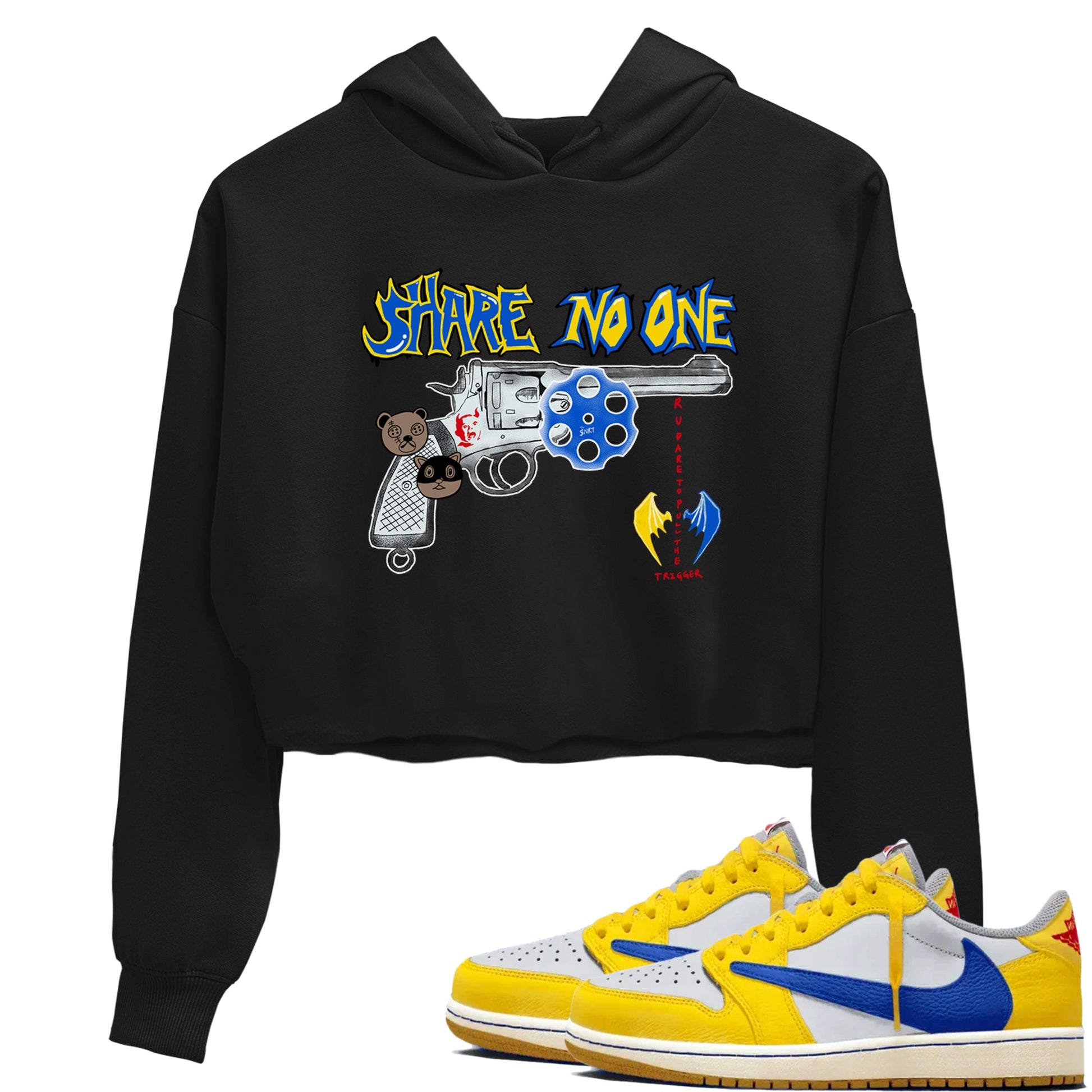 1s Travis Scott Canary shirt to match jordans Share No One sneaker tees Air Jordan 1 Travis Scott Canary SNRT Sneaker Release Tees Black 1 crop length shirt