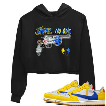 1s Travis Scott Canary shirt to match jordans Share No One sneaker tees Air Jordan 1 Travis Scott Canary SNRT Sneaker Release Tees Black 1 crop length shirt
