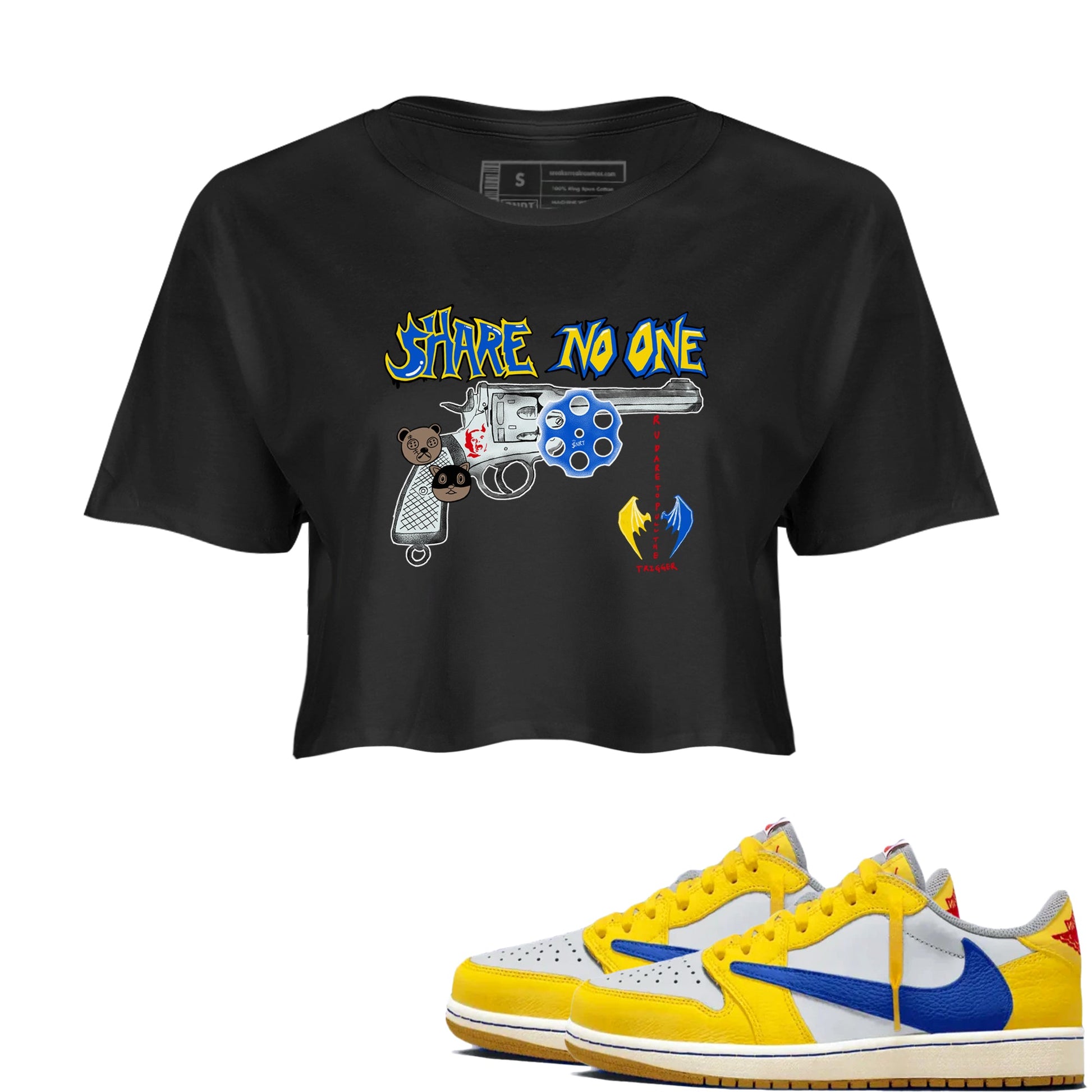 1s Travis Scott Canary shirt to match jordans Share No One sneaker tees Air Jordan 1 Travis Scott Canary SNRT Sneaker Release Tees Black 1 crop length shirt