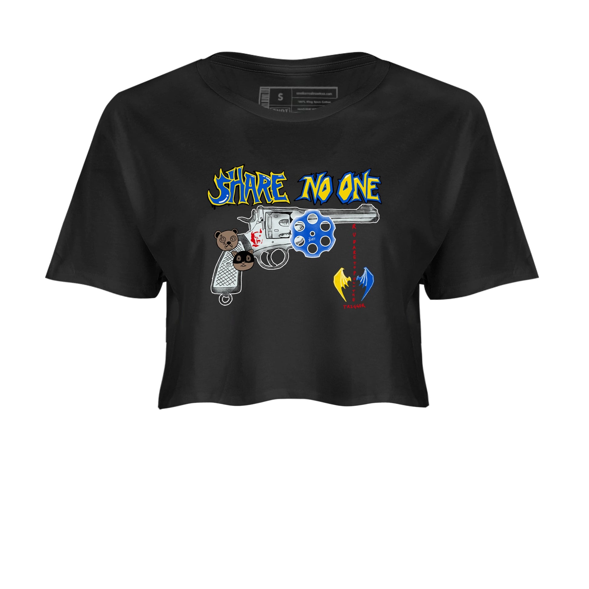 1s Travis Scott Canary shirt to match jordans Share No One sneaker tees Air Jordan 1 Travis Scott Canary SNRT Sneaker Release Tees Black 2 crop length shirt