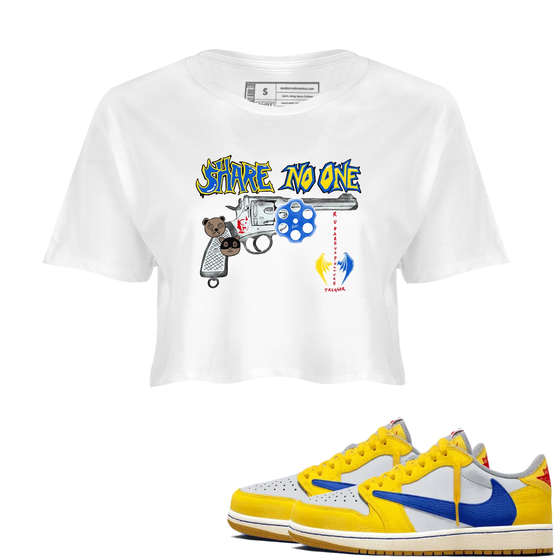 1s Travis Scott Canary shirt to match jordans Share No One sneaker tees Air Jordan 1 Travis Scott Canary SNRT Sneaker Release Tees White 1 crop length shirt