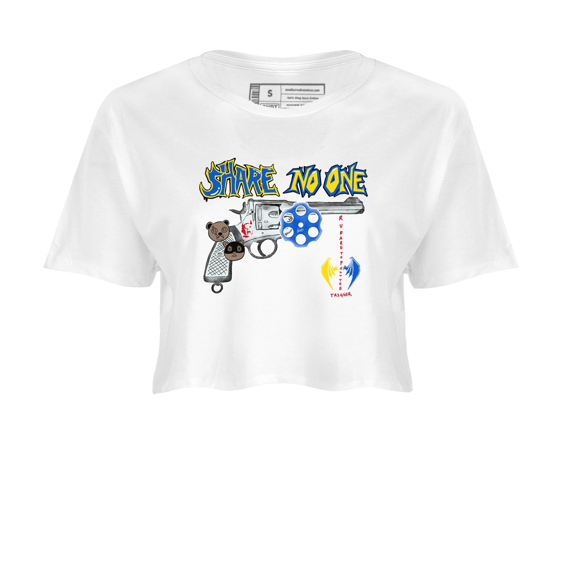 1s Travis Scott Canary shirt to match jordans Share No One sneaker tees Air Jordan 1 Travis Scott Canary SNRT Sneaker Release Tees White 2 crop length shirt