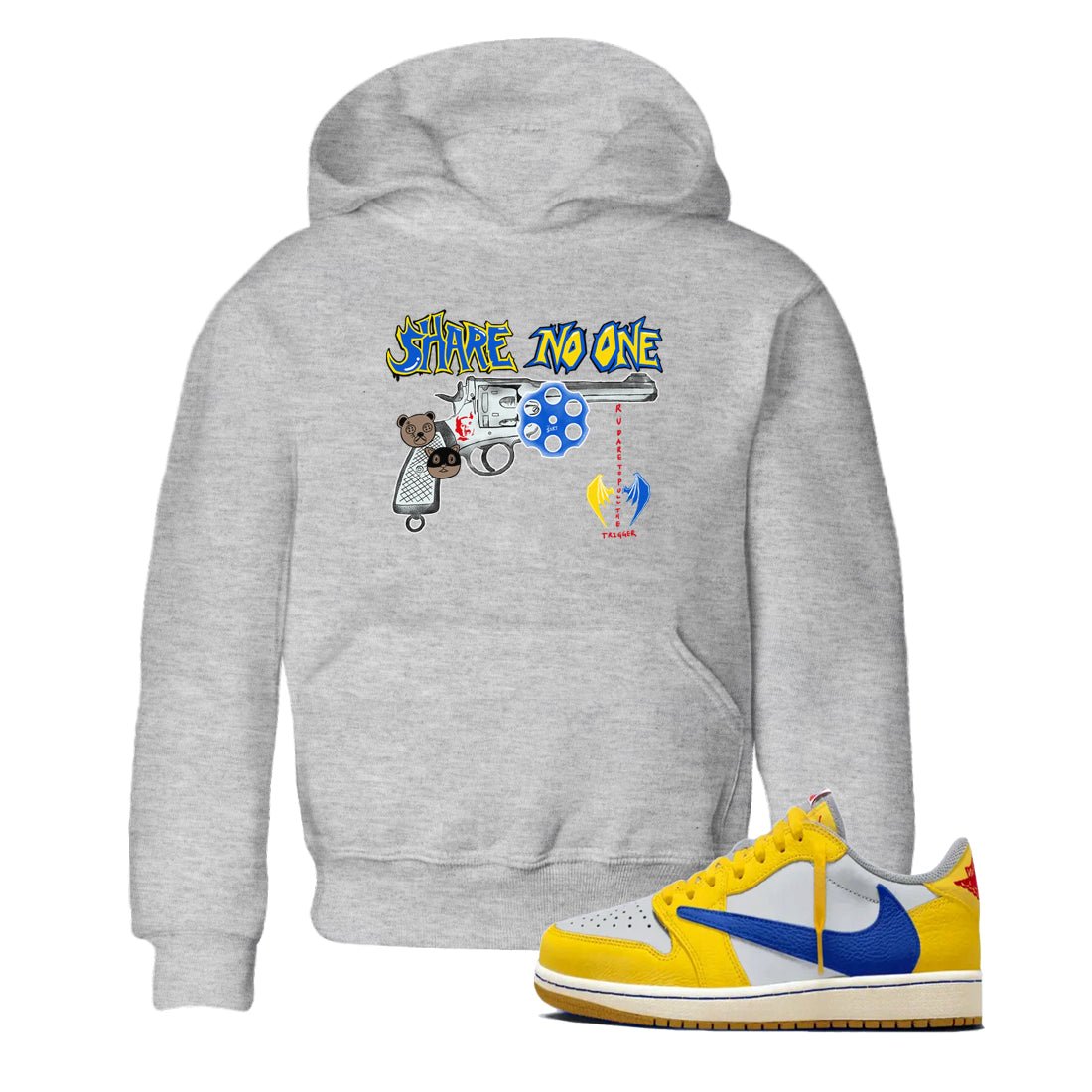 1s Travis Scott Canary shirt to match jordans Share No One sneaker tees Air Jordan 1 Travis Scott Canary SNRT sneaker release tees baby toddler Heather Grey 1 cotton Shirt