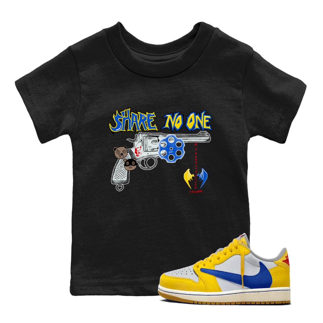 1s Travis Scott Canary shirt to match jordans Share No One sneaker tees Air Jordan 1 Travis Scott Canary SNRT sneaker release tees baby toddler Black 1 cotton Shirt