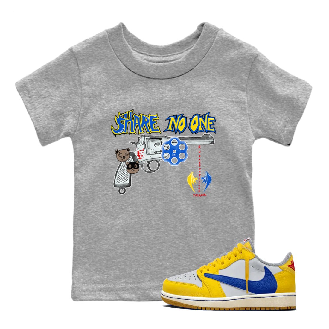 1s Travis Scott Canary shirt to match jordans Share No One sneaker tees Air Jordan 1 Travis Scott Canary SNRT sneaker release tees baby toddler Heather Grey 1 cotton Shirt