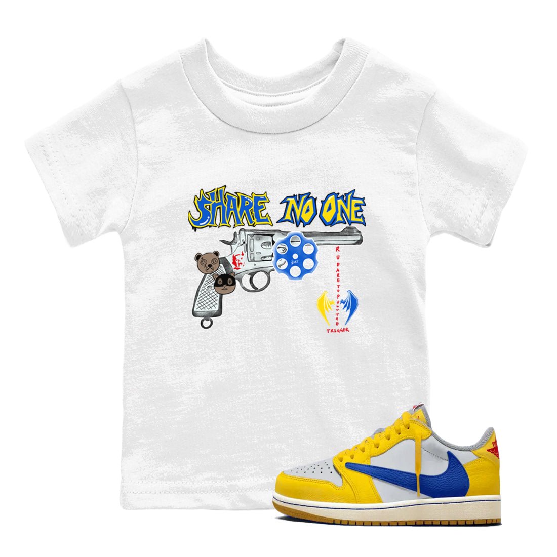 1s Travis Scott Canary shirt to match jordans Share No One sneaker tees Air Jordan 1 Travis Scott Canary SNRT sneaker release tees baby toddler White 1 cotton Shirt