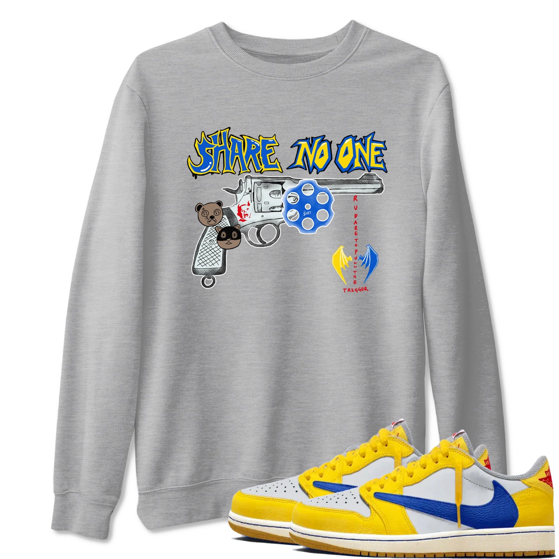 1s Travis Scott Canary shirt to match jordans Share No One sneaker tees Air Jordan 1 Travis Scott Canary SNRT Sneaker Release Tees unisex cotton Heather Grey 1 crew neck shirt