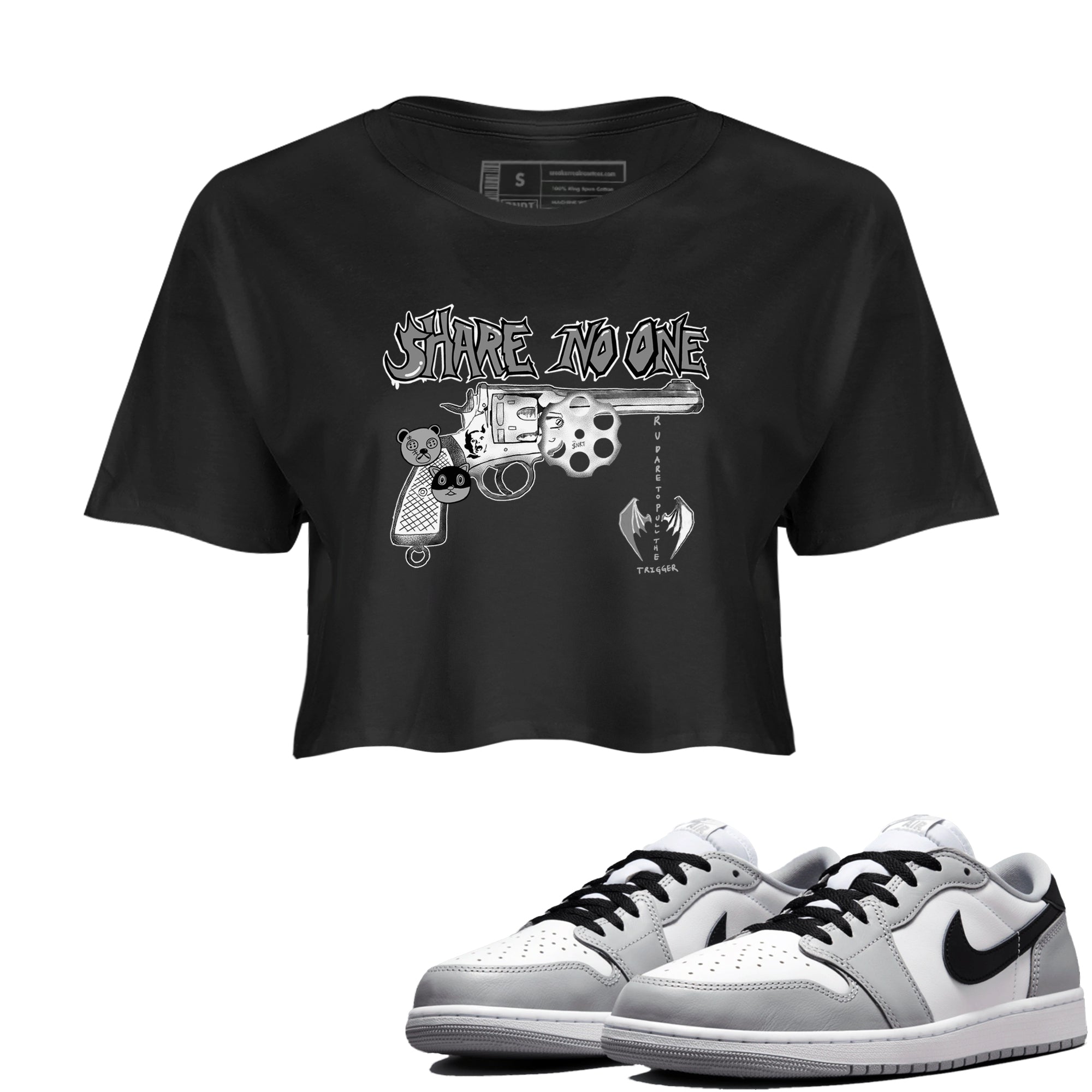 AJ1 Wolf Grey shirts to match jordans Share No One sneaker match tees Air Jordan 1 Wolf Grey SNRT Sneaker Tees streetwear brand Black 1 crop tee