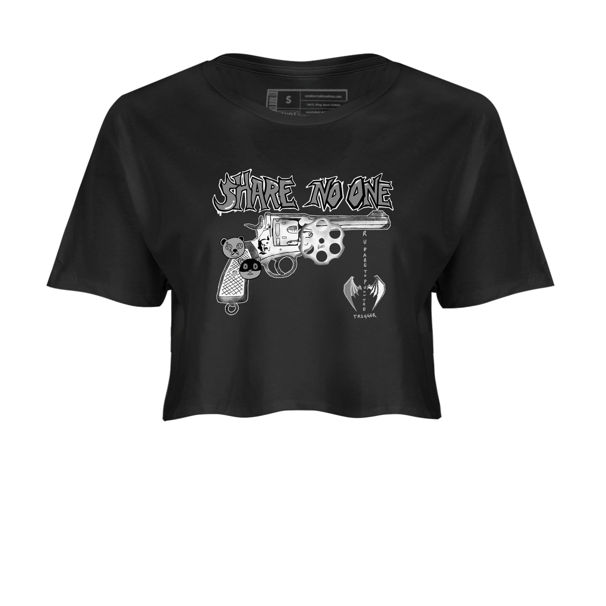 AJ1 Wolf Grey shirts to match jordans Share No One sneaker match tees Air Jordan 1 Wolf Grey SNRT Sneaker Tees streetwear brand Black 2 crop tee