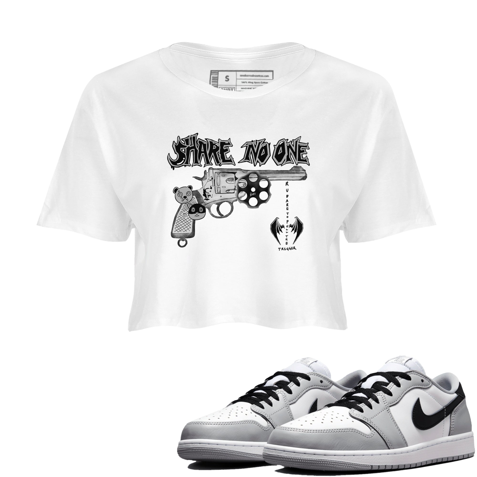 AJ1 Wolf Grey shirts to match jordans Share No One sneaker match tees Air Jordan 1 Wolf Grey SNRT Sneaker Tees streetwear brand White 1 crop tee