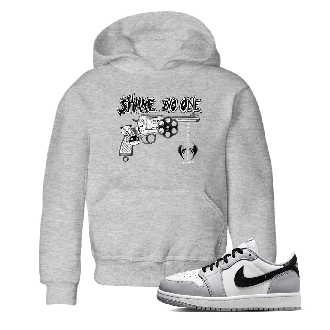 AJ1 Wolf Grey shirts to match jordans Share No One sneaker match tees Air Jordan 1 Wolf Grey SNRT Sneaker Tees streetwear brand Baby and Youth Heather Grey 1 cotton tee