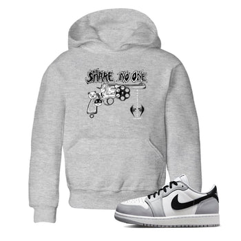 AJ1 Wolf Grey shirts to match jordans Share No One sneaker match tees Air Jordan 1 Wolf Grey SNRT Sneaker Tees streetwear brand Baby and Youth Heather Grey 1 cotton tee