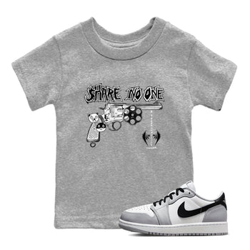 AJ1 Wolf Grey shirts to match jordans Share No One sneaker match tees Air Jordan 1 Wolf Grey SNRT Sneaker Tees streetwear brand Baby and Youth Heather Grey 1 cotton tee