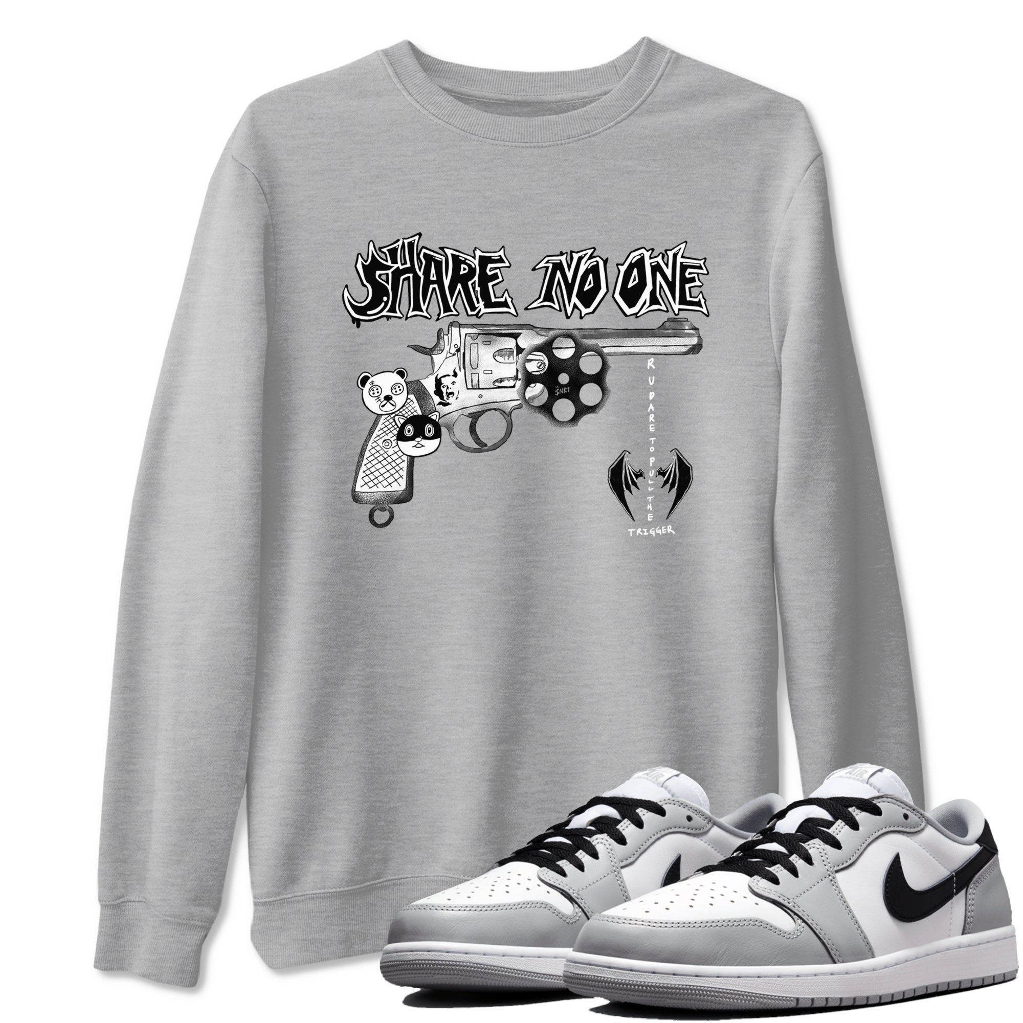 AJ1 Wolf Grey shirts to match jordans Share No One sneaker match tees Air Jordan 1 Wolf Grey SNRT Sneaker Tees streetwear brand Heather Grey 1 unisex cotton tee