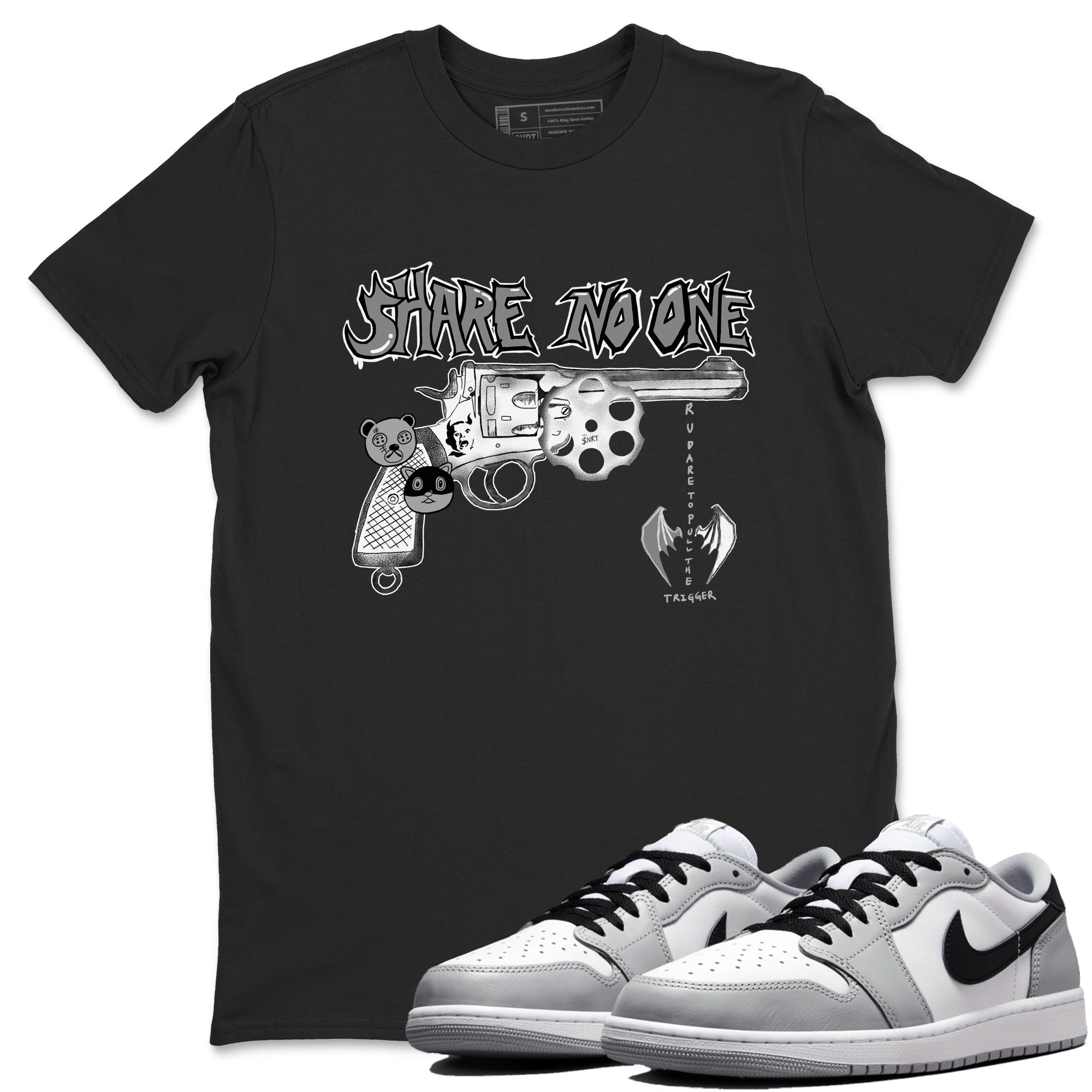 AJ1 Wolf Grey shirts to match jordans Share No One sneaker match tees Air Jordan 1 Wolf Grey SNRT Sneaker Tees streetwear brand Black 1 unisex cotton tee