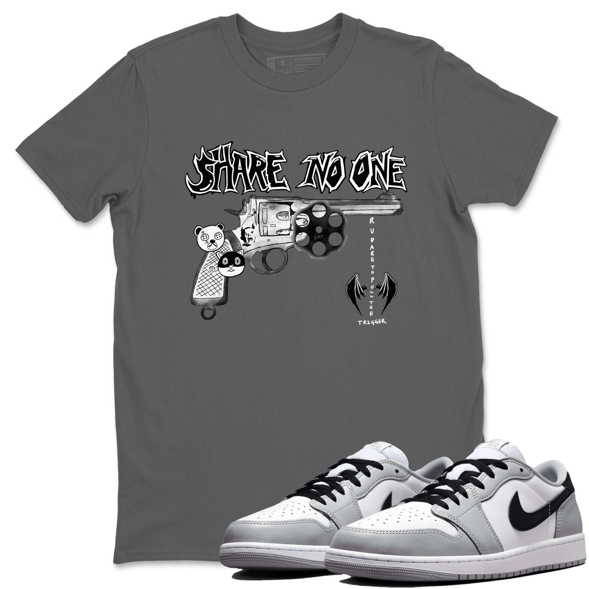 AJ1 Wolf Grey shirts to match jordans Share No One sneaker match tees Air Jordan 1 Wolf Grey SNRT Sneaker Tees streetwear brand Cool Grey 1 unisex cotton tee