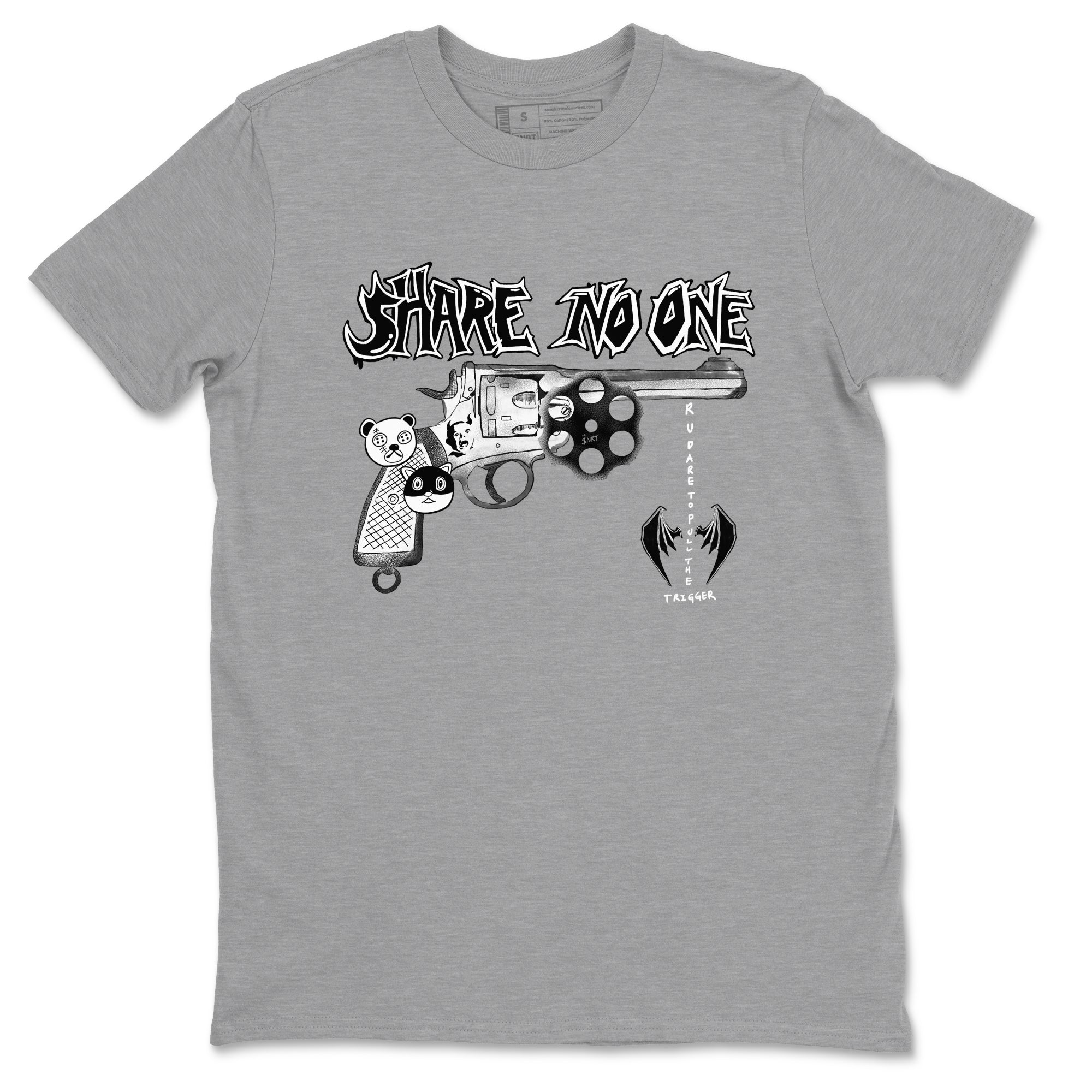 AJ1 Wolf Grey shirts to match jordans Share No One sneaker match tees Air Jordan 1 Wolf Grey SNRT Sneaker Tees streetwear brand Heather Grey 2 unisex cotton tee