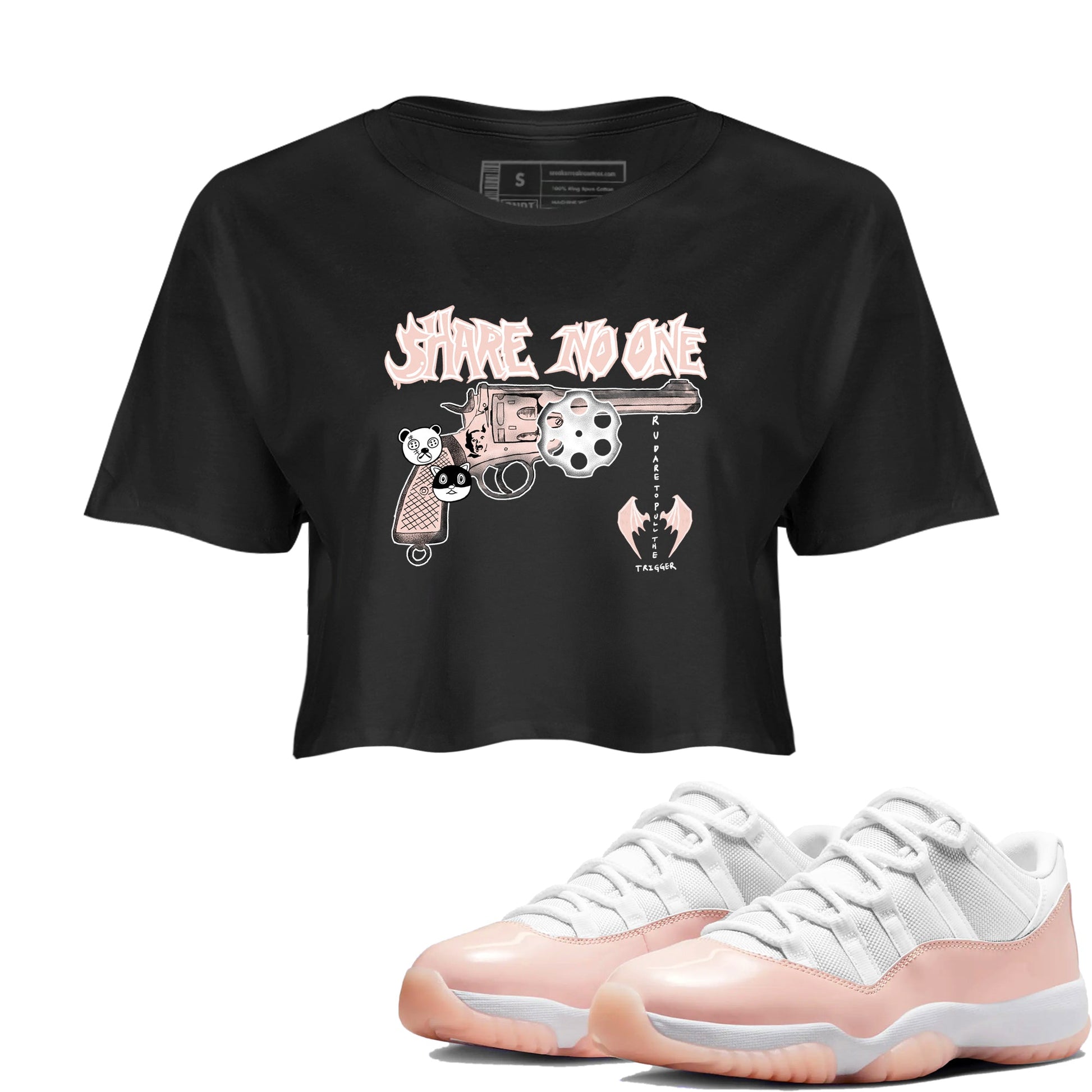 11s Legend Pink shirt to match jordans Share No One sneaker tees Air Jordan 11 Legend Pink SNRT Sneaker Release Tees Black 1 crop length shirt