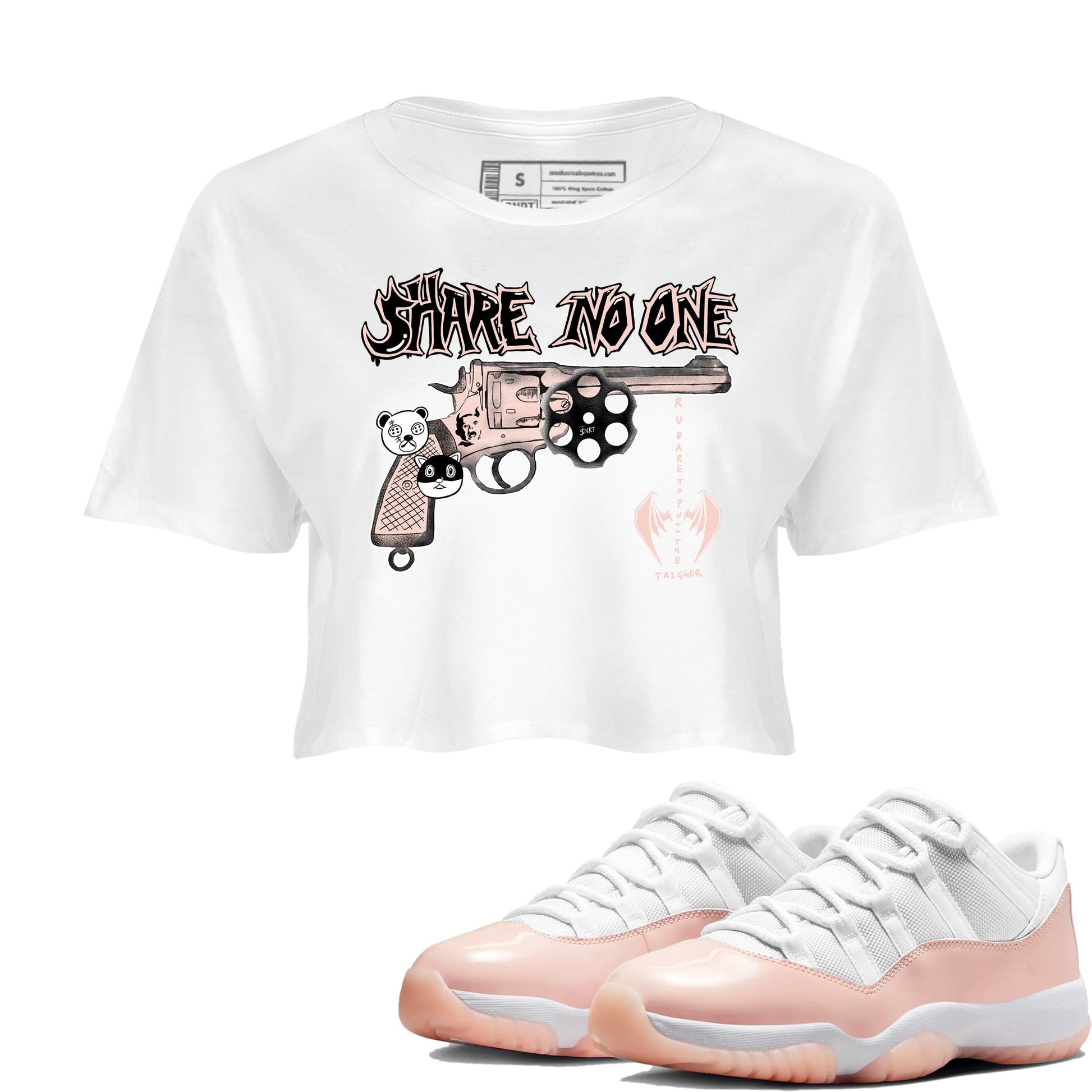 11s Legend Pink shirt to match jordans Share No One sneaker tees Air Jordan 11 Legend Pink SNRT Sneaker Release Tees White 1 crop length shirt