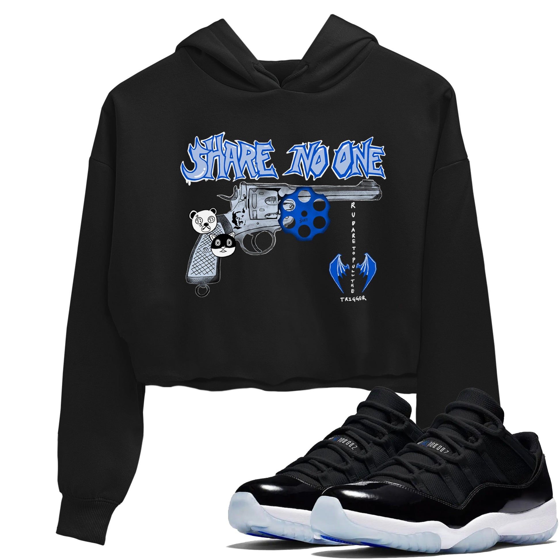 Air Jordan 11 Low Space shirt to match jordans Share No One sneaker tees Air Jordan 11 Low Space SNRT Sneaker Release Tees Black 1 crop length shirt