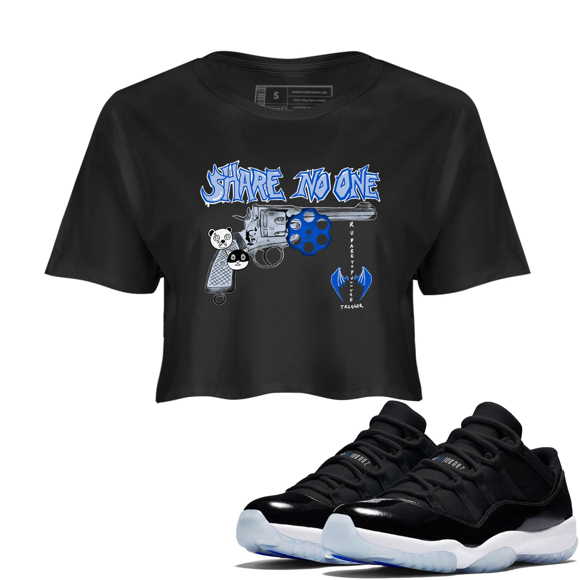 Air Jordan 11 Low Space shirt to match jordans Share No One sneaker tees Air Jordan 11 Low Space SNRT Sneaker Release Tees Black 1 crop length shirt