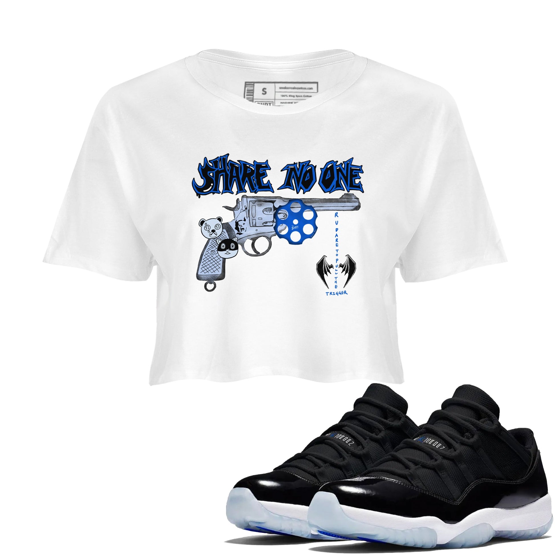 Air Jordan 11 Low Space shirt to match jordans Share No One sneaker tees Air Jordan 11 Low Space SNRT Sneaker Release Tees White 1 crop length shirt