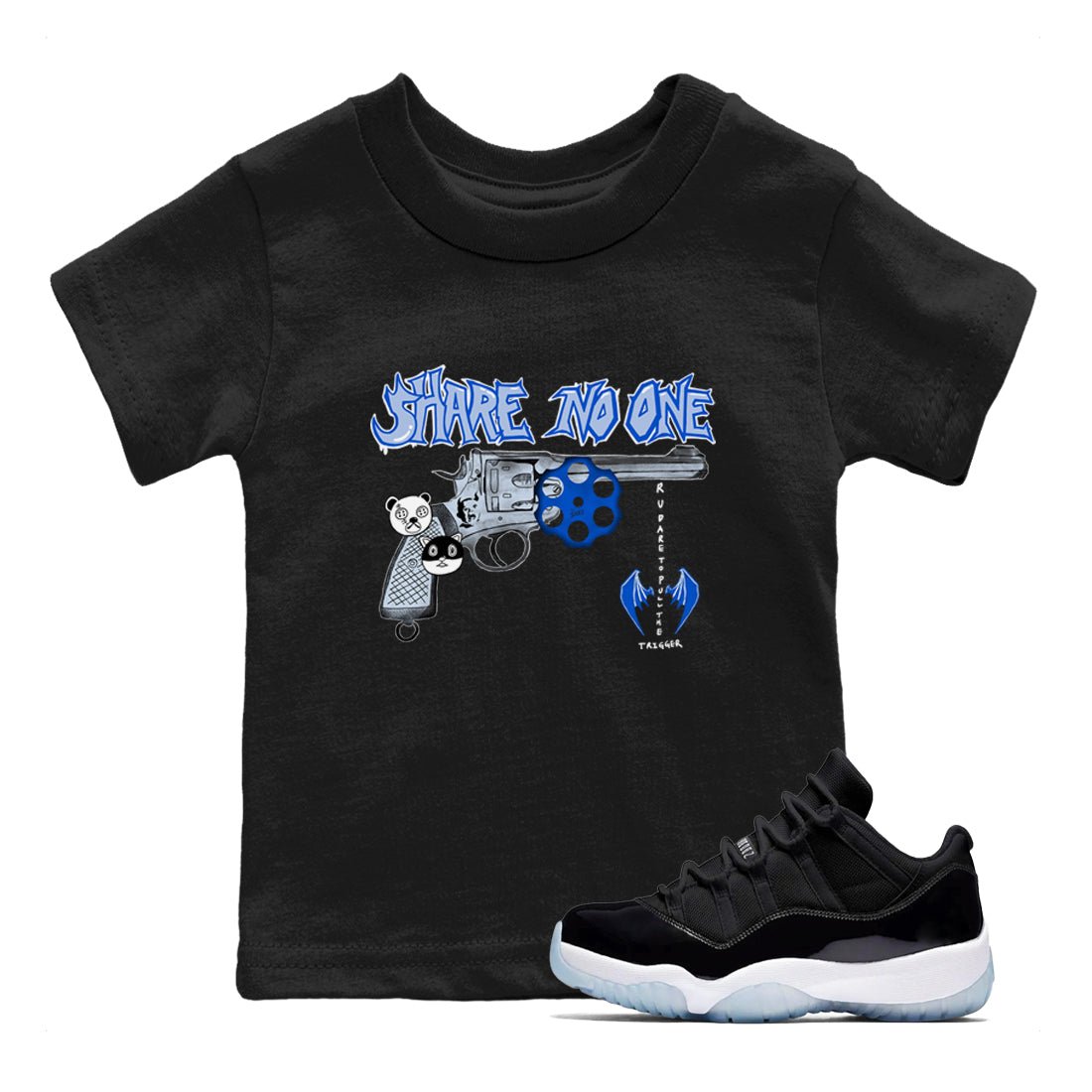 Air Jordan 11 Low Space shirt to match jordans Share No One sneaker tees Air Jordan 11 Low Space SNRT sneaker release tees baby toddler Black 1 cotton Shirt