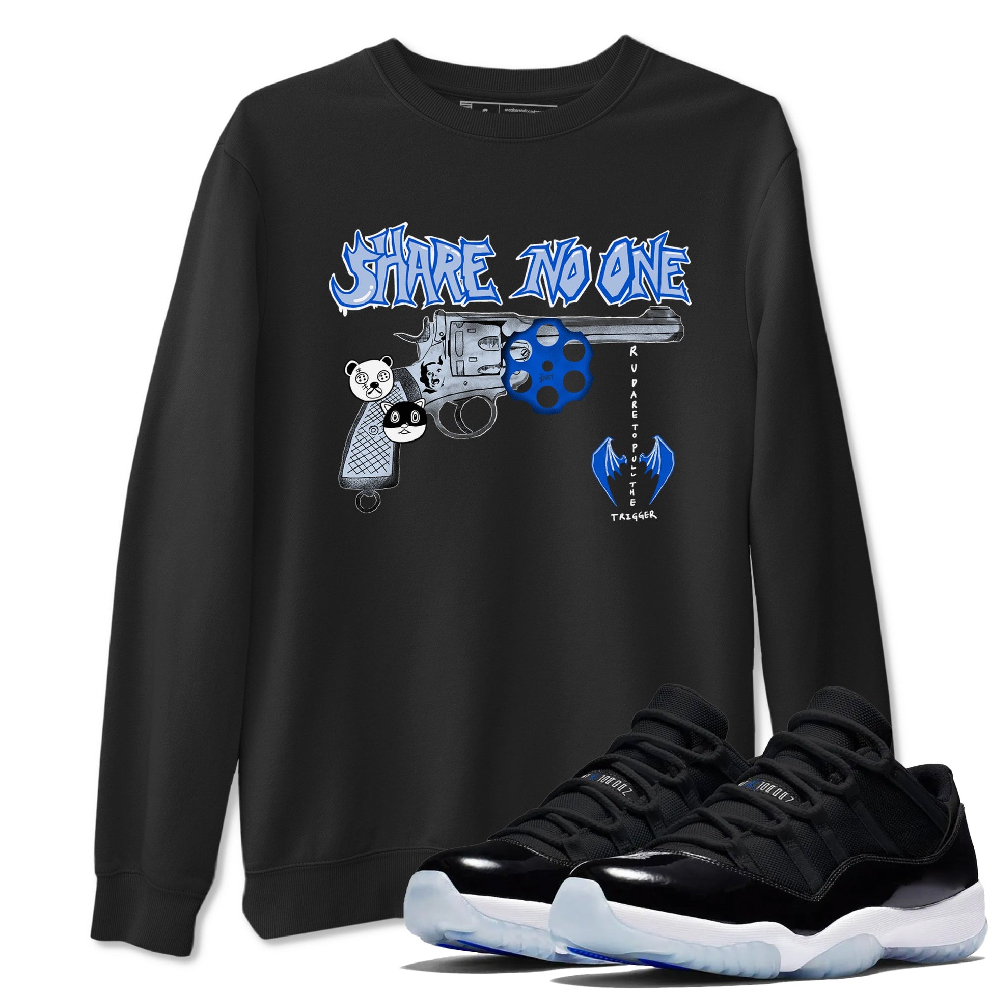 Air Jordan 11 Low Space shirt to match jordans Share No One sneaker tees Air Jordan 11 Low Space SNRT Sneaker Release Tees unisex cotton Black 1 crew neck shirt