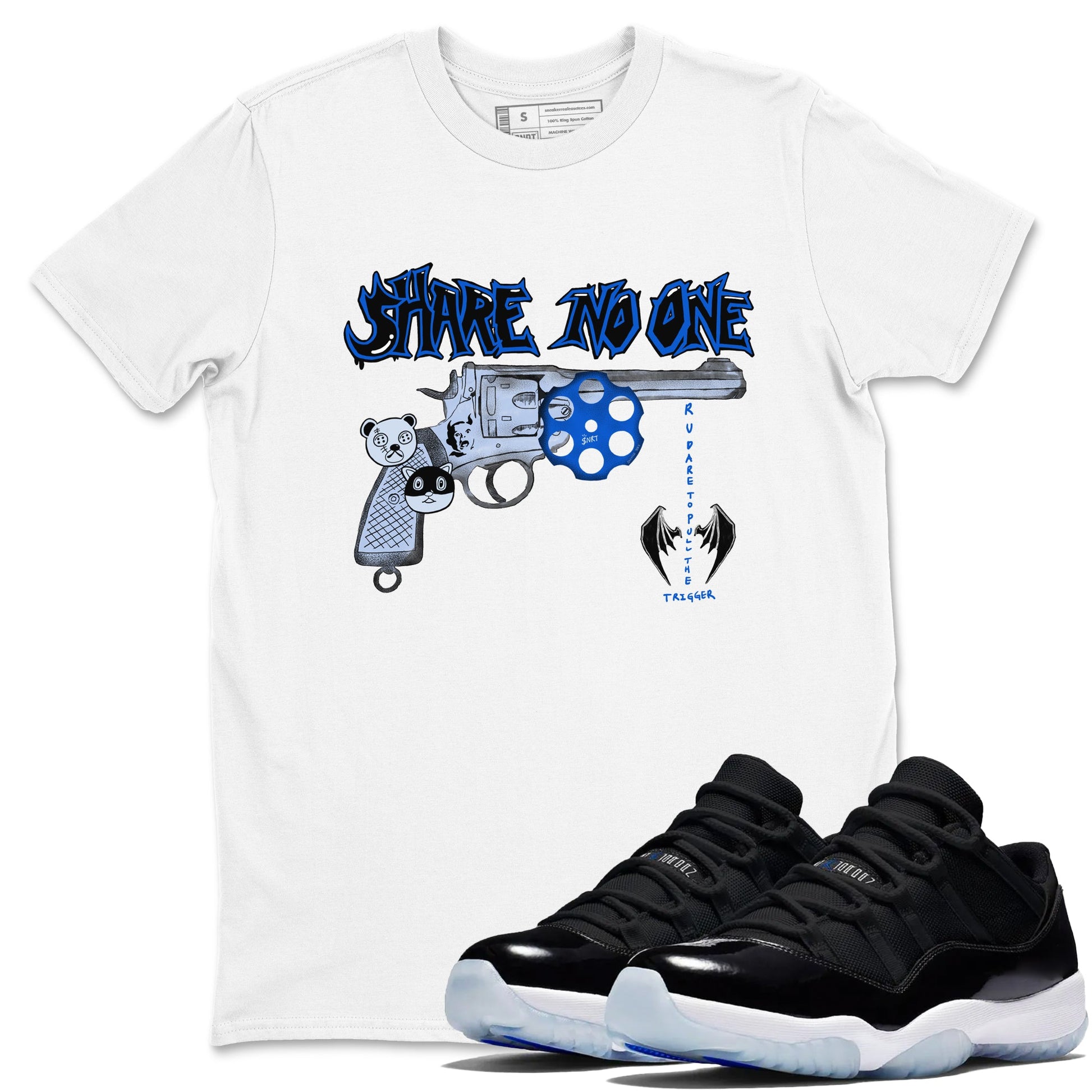 Air Jordan 11 Low Space shirt to match jordans Share No One sneaker tees Air Jordan 11 Low Space SNRT Sneaker Release Tees unisex cotton White 1 crew neck shirt