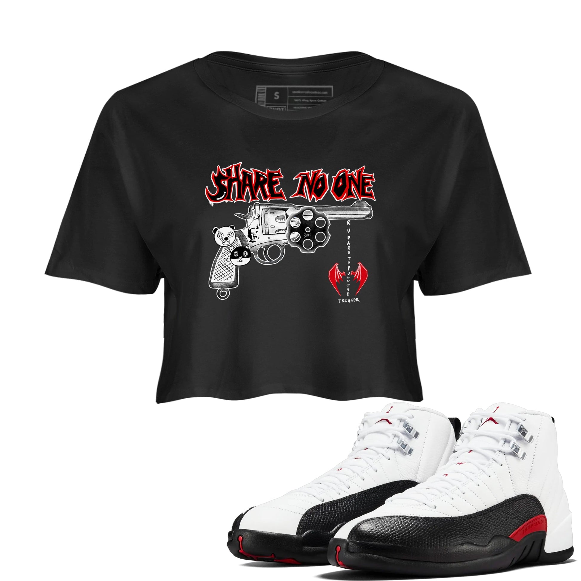 AJ12 Taxi Flip shirt to match jordans Share No One sneaker tees Air Jordan 12 Taxi Flip SNRT Sneaker Release Tees Black 1 crop length shirt