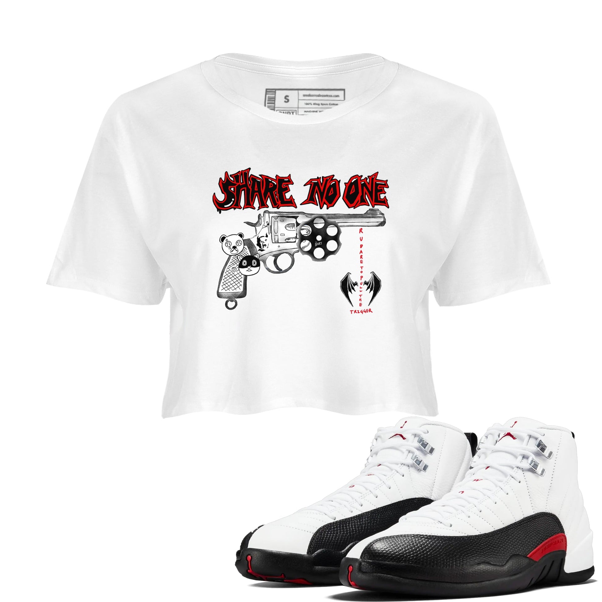 AJ12 Taxi Flip shirt to match jordans Share No One sneaker tees Air Jordan 12 Taxi Flip SNRT Sneaker Release Tees White 1 crop length shirt
