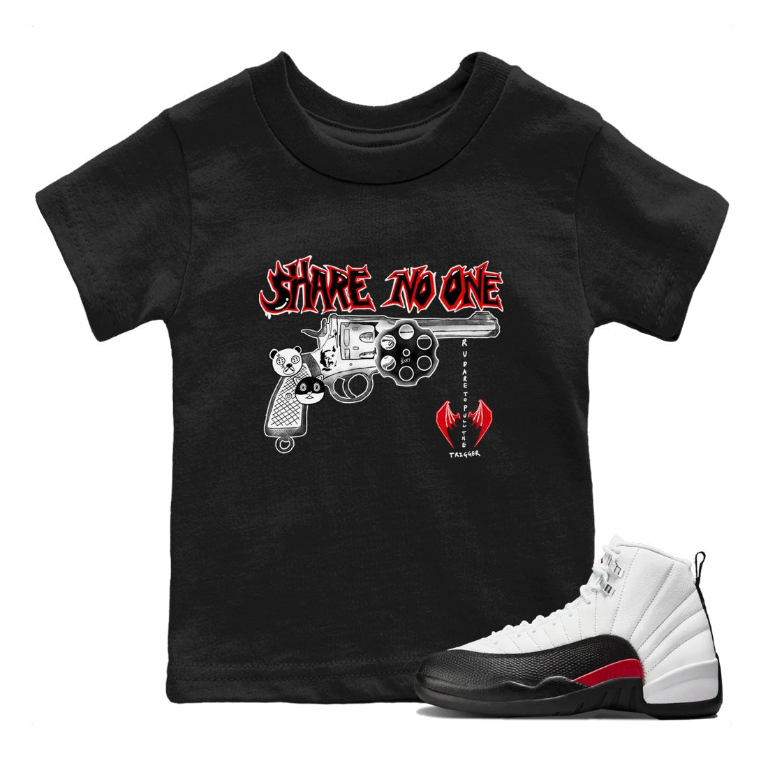 AJ12 Taxi Flip shirt to match jordans Share No One sneaker tees Air Jordan 12 Taxi Flip SNRT sneaker release tees baby toddler Black 1 cotton Shirt