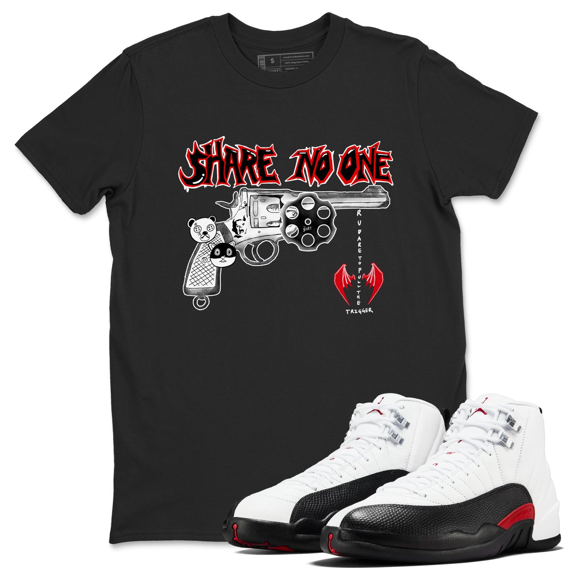 AJ12 Taxi Flip shirt to match jordans Share No One sneaker tees Air Jordan 12 Taxi Flip SNRT Sneaker Release Tees unisex cotton Black 1 crew neck shirt
