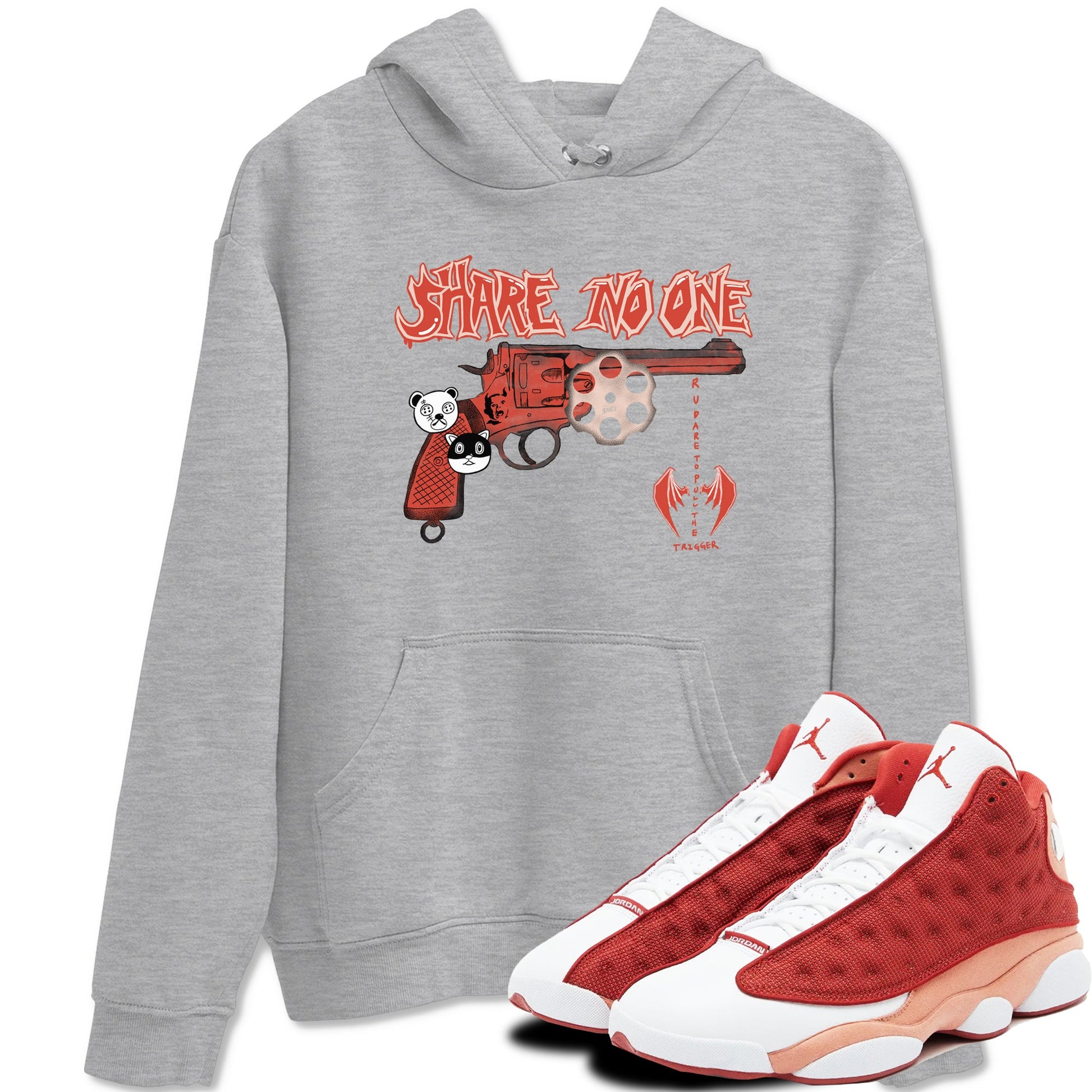 AJ13 Dune Red shirts to match jordans Share No One sneaker match tees Air Jordan 13 Dune Red SNRT Sneaker Tees streetwear brand Heather Grey 1 unisex cotton tee