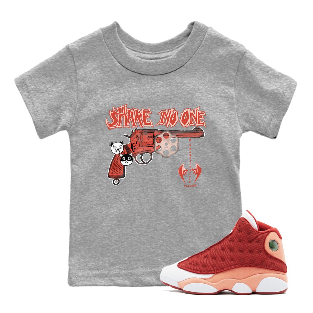 AJ13 Dune Red shirts to match jordans Share No One sneaker match tees Air Jordan 13 Dune Red SNRT Sneaker Tees streetwear brand Baby and Youth Heather Grey 1 cotton tee