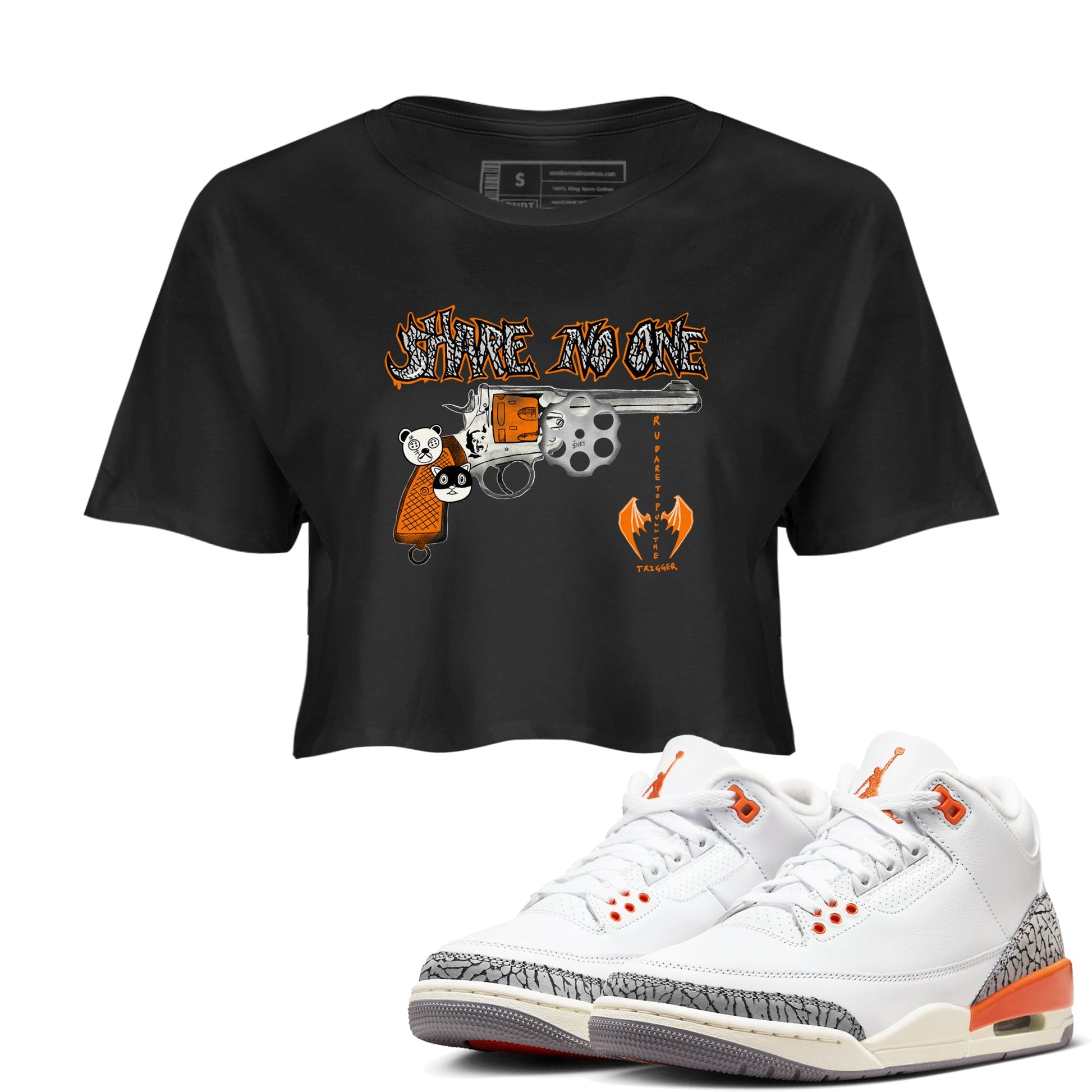 3s Georgia Peach shirt to match jordans Share No One sneaker tees Air Jordan 3 Georgia Peach SNRT Sneaker Release Tees Black 1 crop length shirt