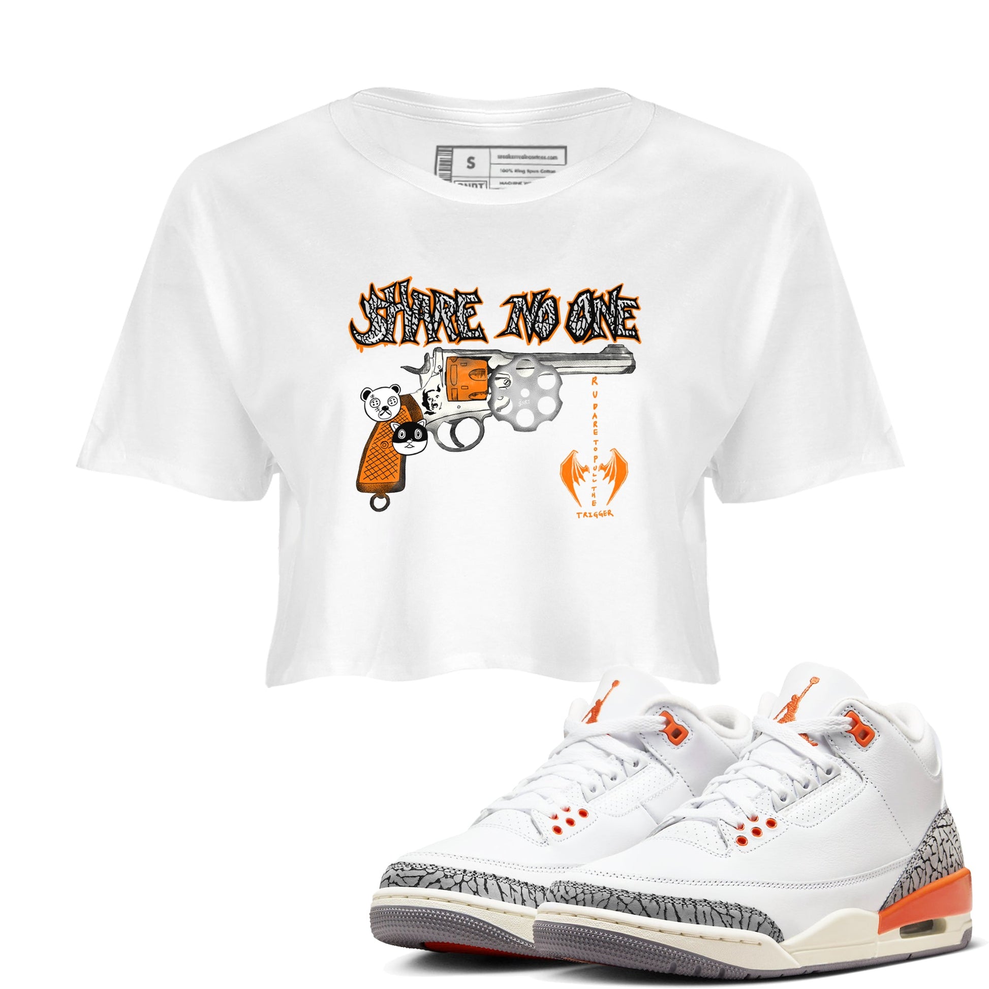 3s Georgia Peach shirt to match jordans Share No One sneaker tees Air Jordan 3 Georgia Peach SNRT Sneaker Release Tees White 1 crop length shirt