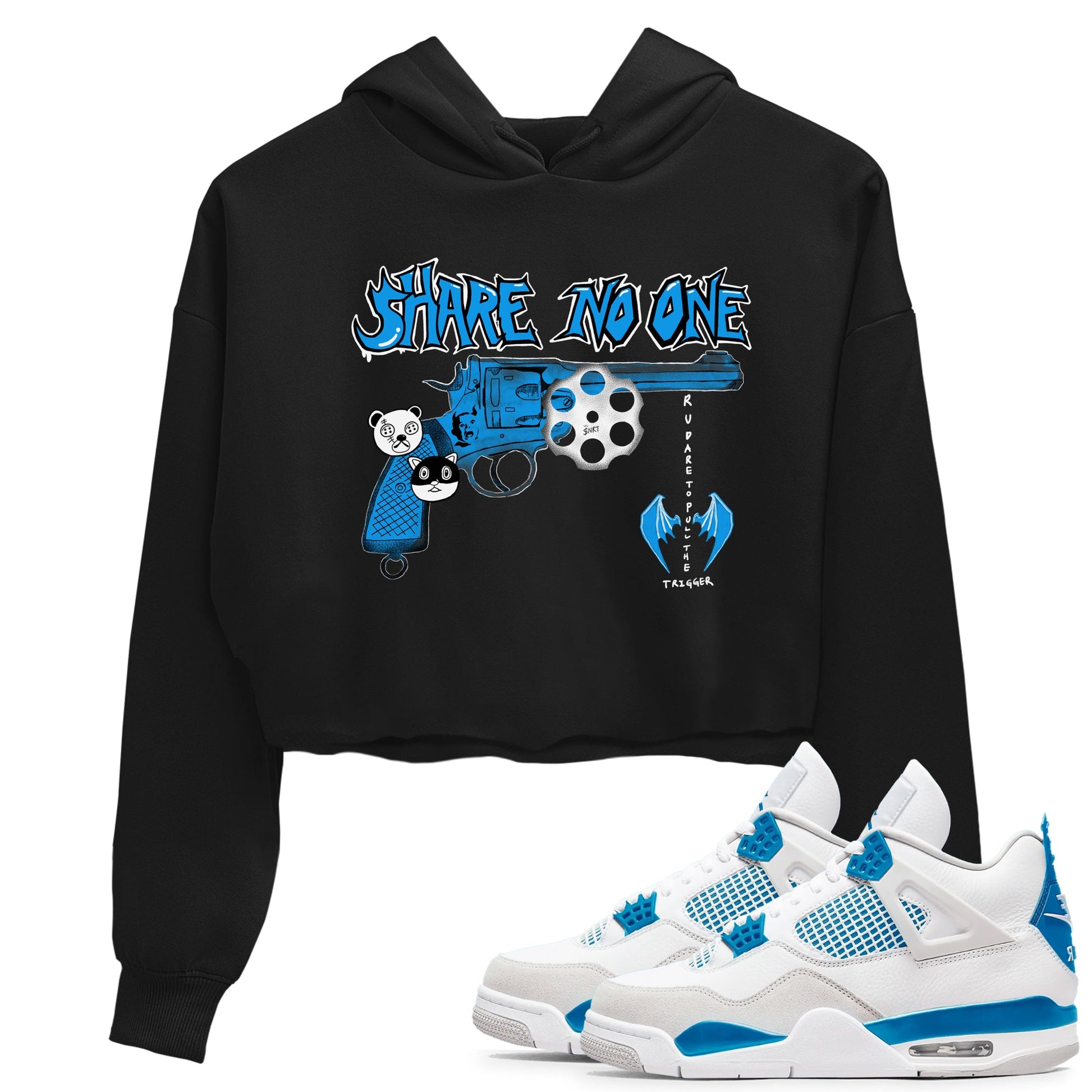 Air Jordan 4 Military Blue shirt to match jordans Share No One sneaker tees Air Jordan 4 Military Blue SNRT Sneaker Release Tees Black 1 crop length shirt
