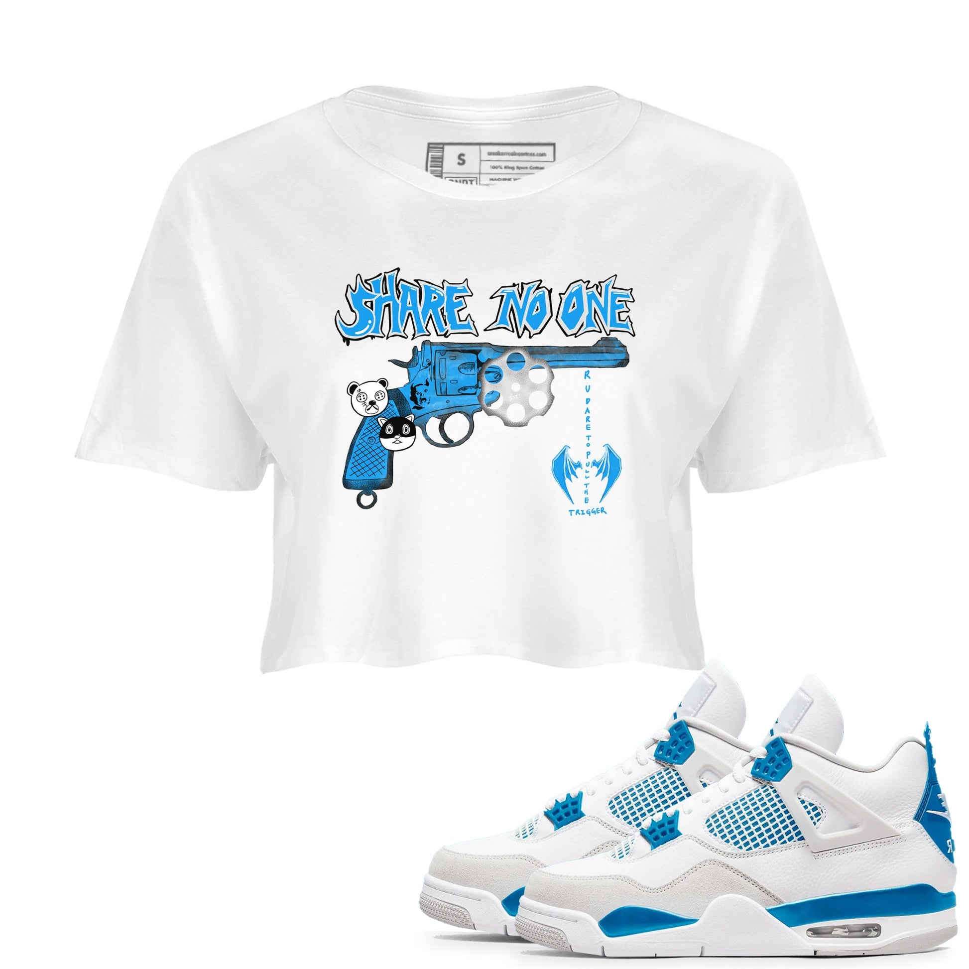 Air Jordan 4 Military Blue shirt to match jordans Share No One sneaker tees Air Jordan 4 Military Blue SNRT Sneaker Release Tees White 1 crop length shirt