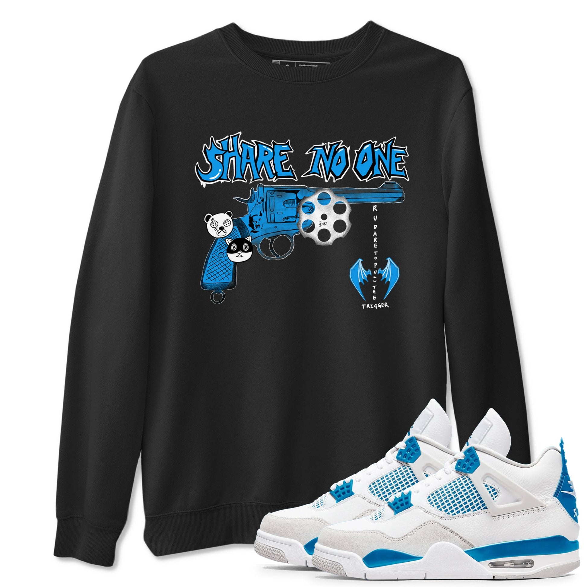 Air Jordan 4 Military Blue shirt to match jordans Share No One sneaker tees Air Jordan 4 Military Blue SNRT Sneaker Release Tees unisex cotton Black 1 crew neck shirt