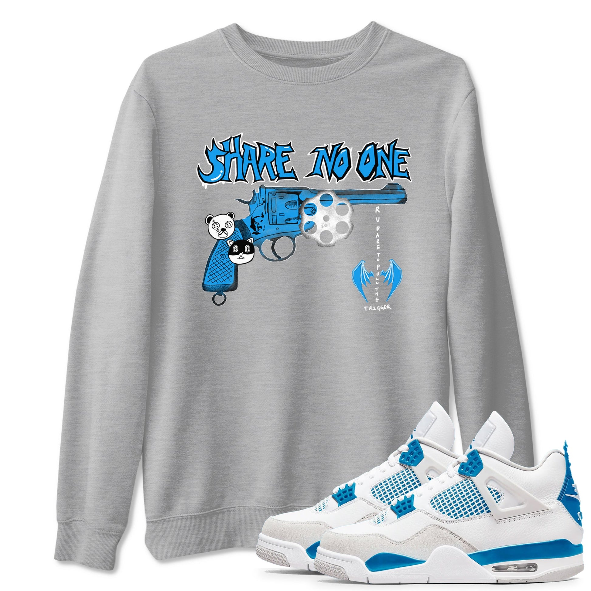 Air Jordan 4 Military Blue shirt to match jordans Share No One sneaker tees Air Jordan 4 Military Blue SNRT Sneaker Release Tees unisex cotton Heather Grey 1 crew neck shirt