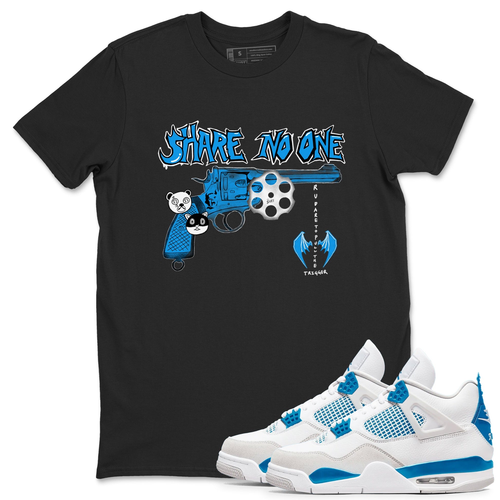 Air Jordan 4 Military Blue shirt to match jordans Share No One sneaker tees Air Jordan 4 Military Blue SNRT Sneaker Release Tees unisex cotton Black 1 crew neck shirt