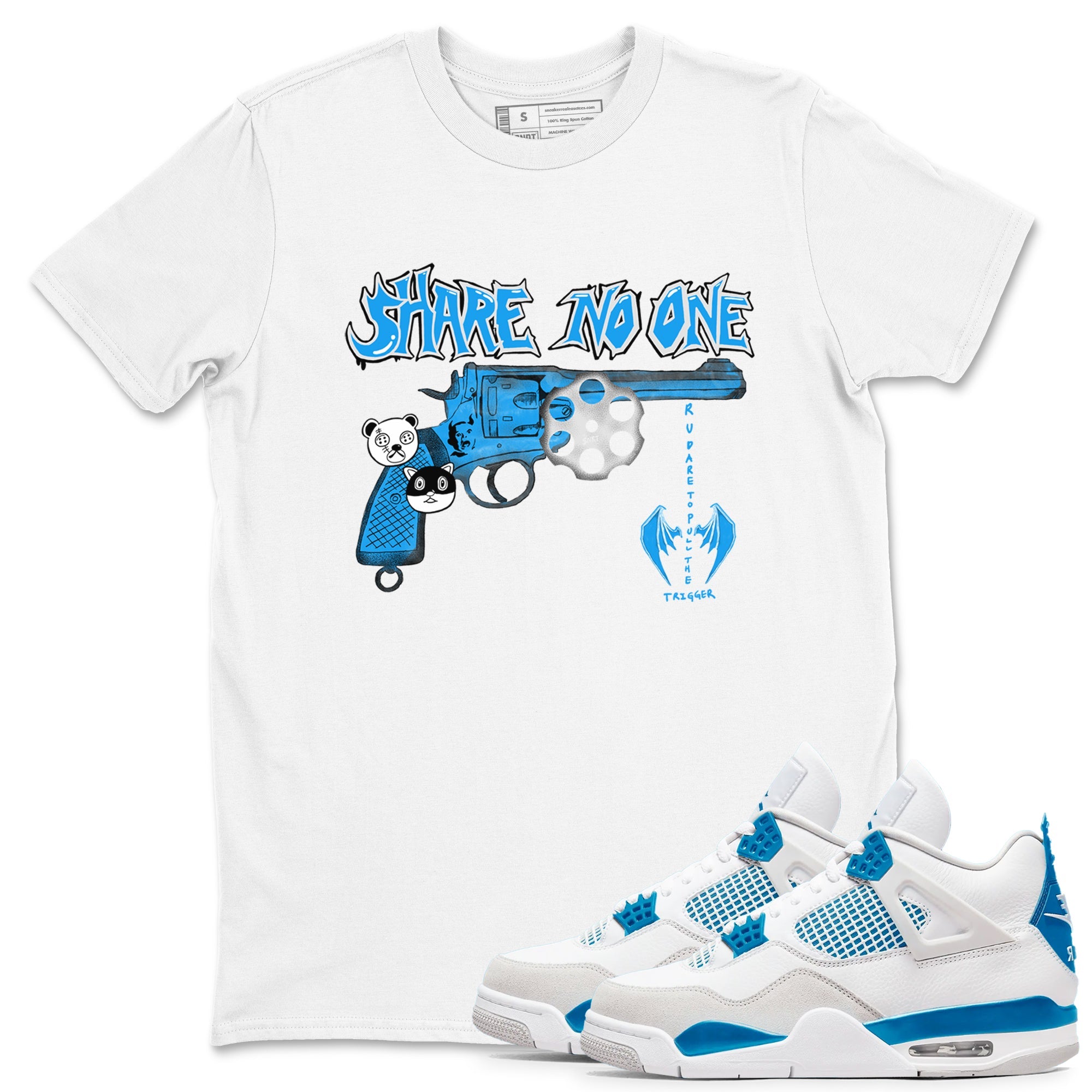 Air Jordan 4 Military Blue shirt to match jordans Share No One sneaker tees Air Jordan 4 Military Blue SNRT Sneaker Release Tees unisex cotton White 1 crew neck shirt