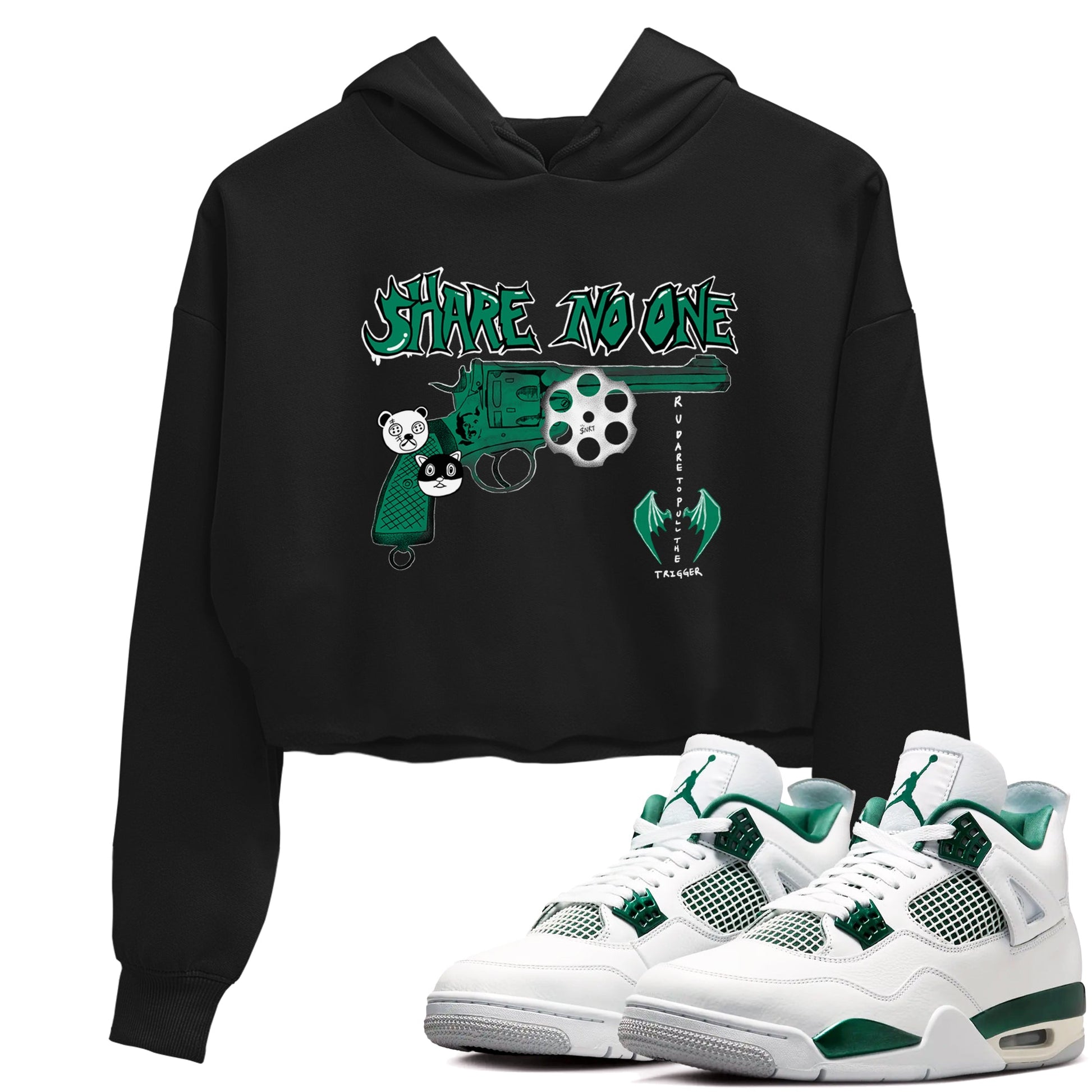 4s Oxidized Green shirts to match jordans Share No One sneaker match tees Air Jordan 4 Oxidized Green SNRT Sneaker Tees streetwear brand Black 1 crop tee
