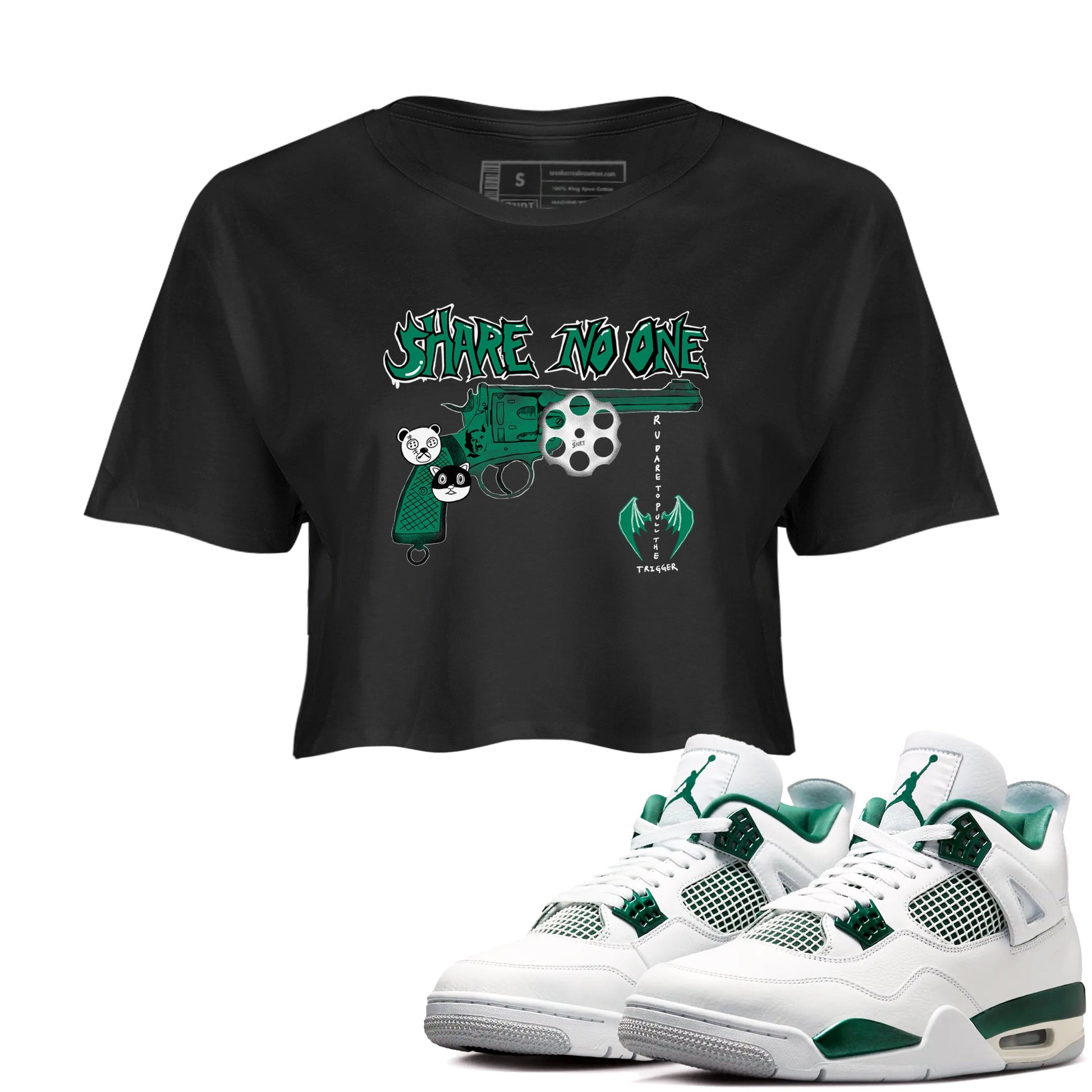 4s Oxidized Green shirts to match jordans Share No One sneaker match tees Air Jordan 4 Oxidized Green SNRT Sneaker Tees streetwear brand Black 1 crop tee