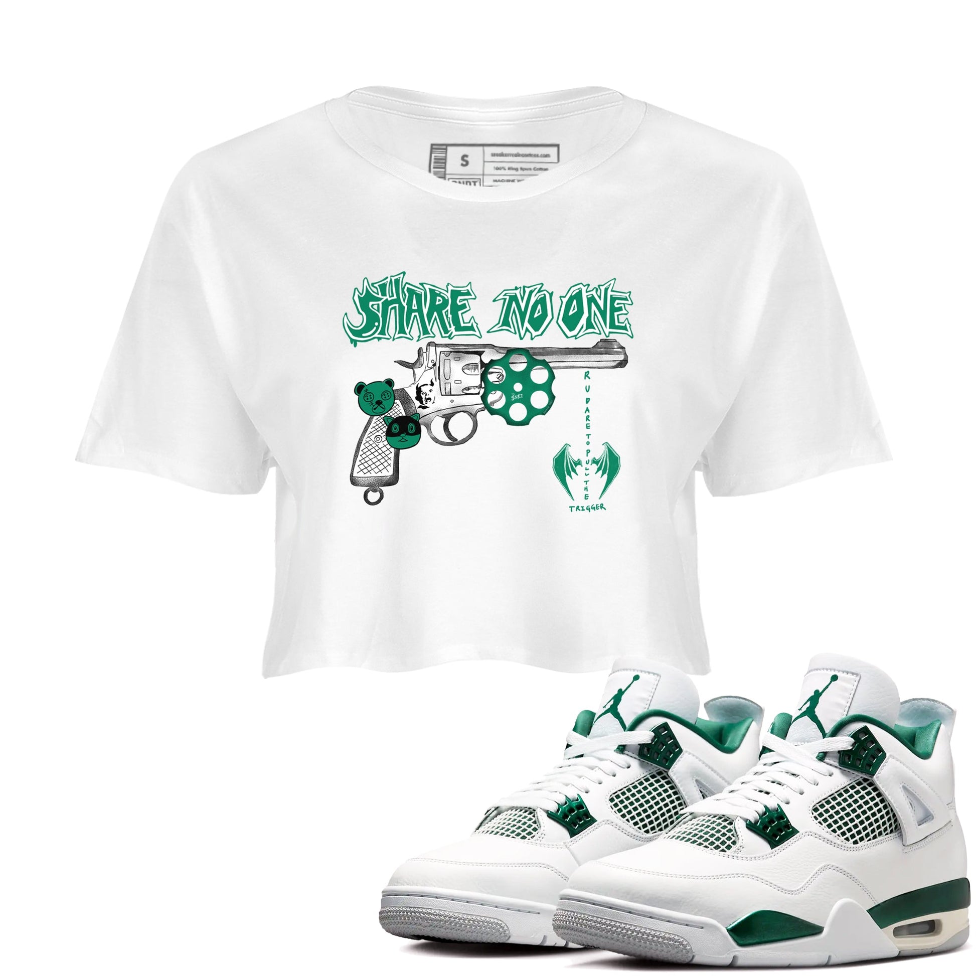 4s Oxidized Green shirts to match jordans Share No One sneaker match tees Air Jordan 4 Oxidized Green SNRT Sneaker Tees streetwear brand White 1 crop tee